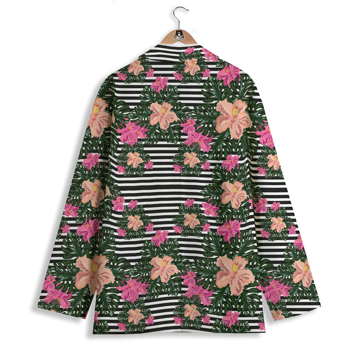 Striped Plumeria Flower Print Pattern Women's Blazer-grizzshop