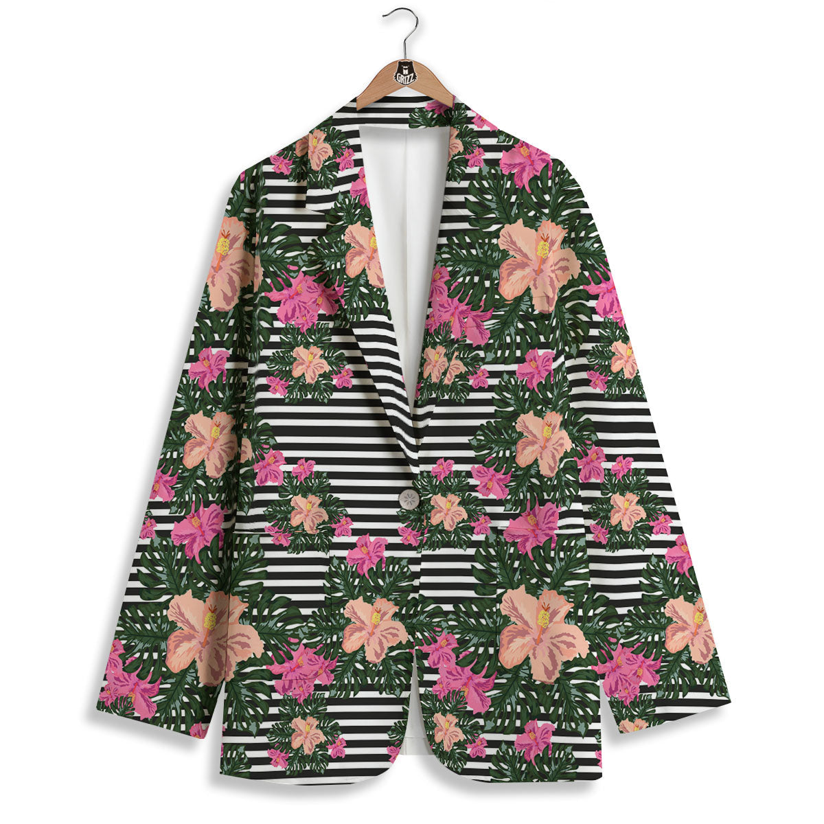 Striped Plumeria Flower Print Pattern Women's Blazer-grizzshop