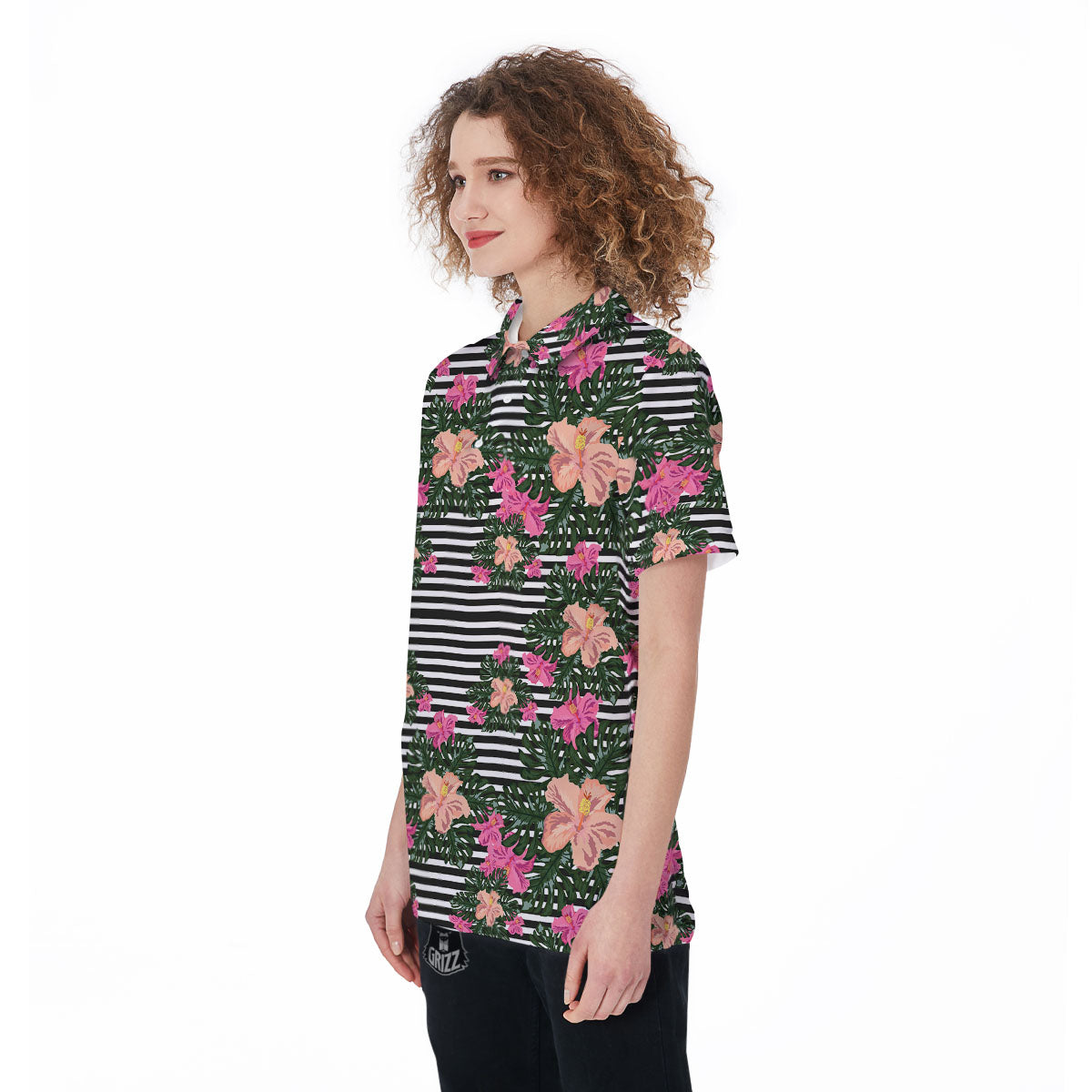 Striped Plumeria Flower Print Pattern Women's Golf Shirts-grizzshop