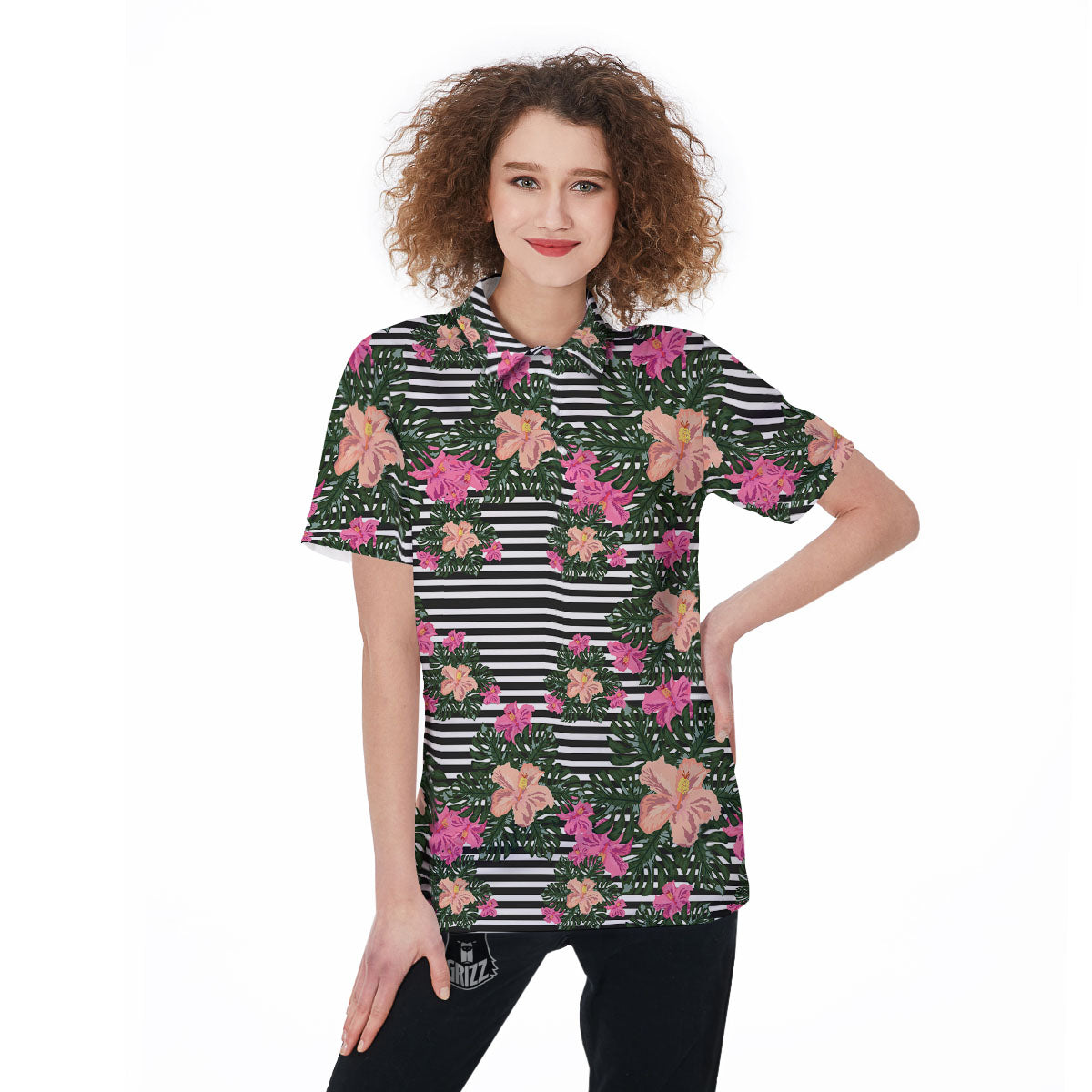 Striped Plumeria Flower Print Pattern Women's Golf Shirts-grizzshop