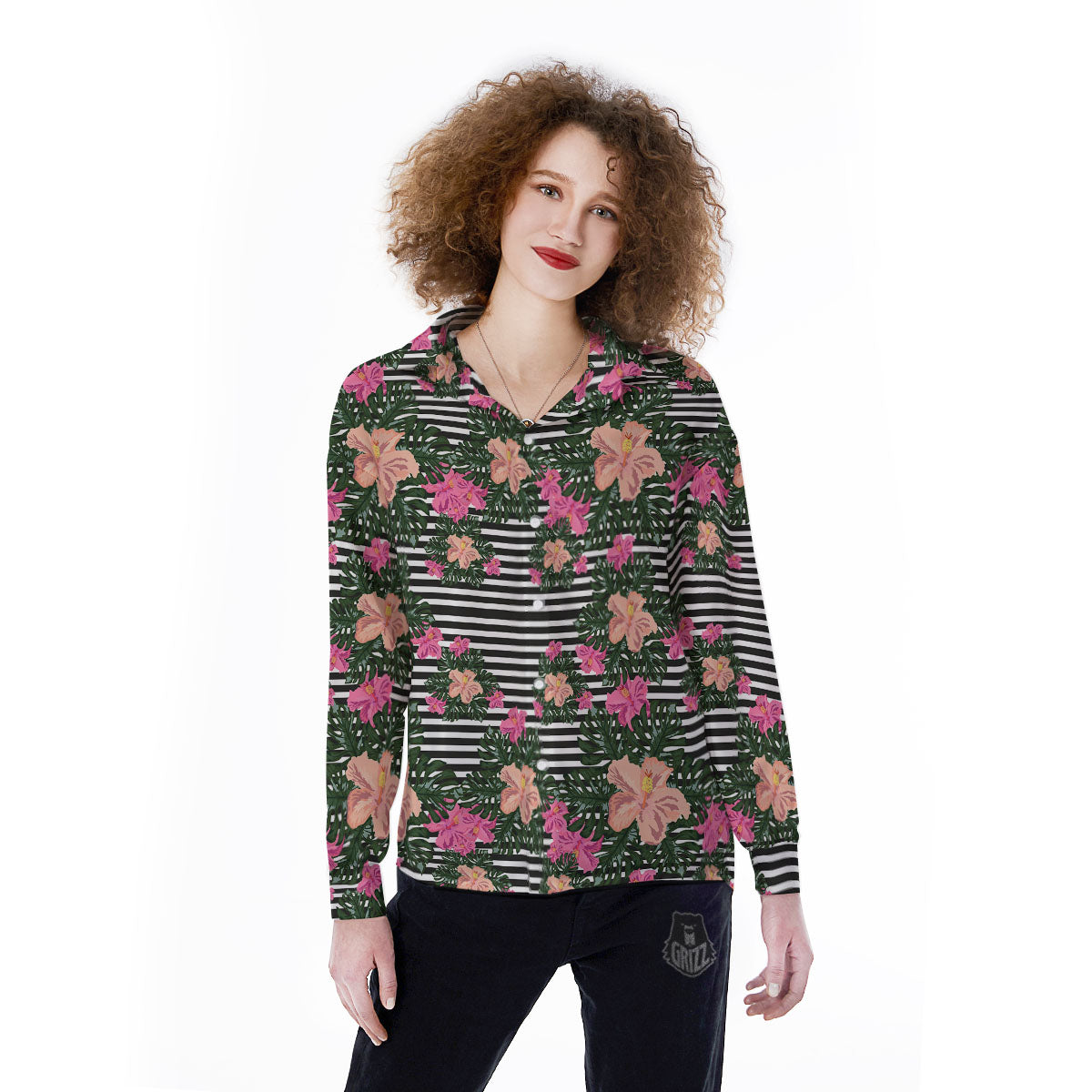 Striped Plumeria Flower Print Pattern Women's Long Sleeve Shirts-grizzshop