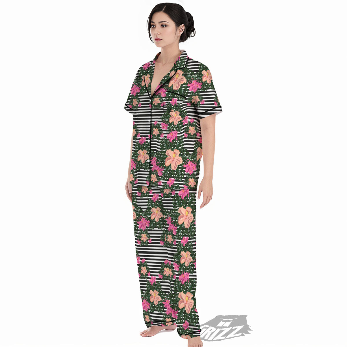 Striped Plumeria Flower Print Pattern Women's Pajamas Set-grizzshop