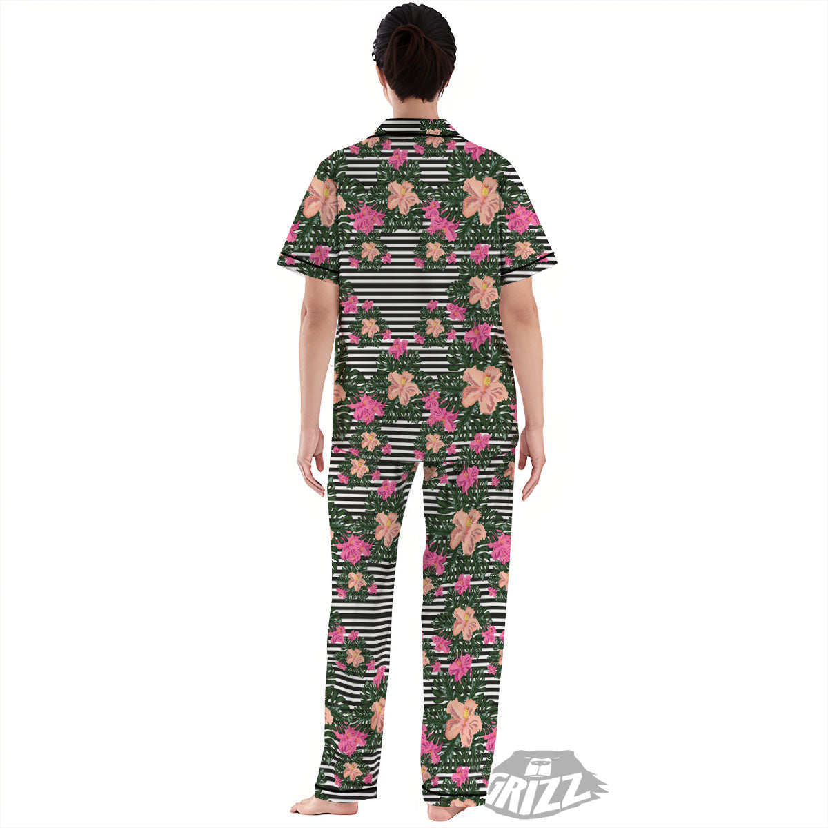 Striped Plumeria Flower Print Pattern Women's Pajamas Set-grizzshop