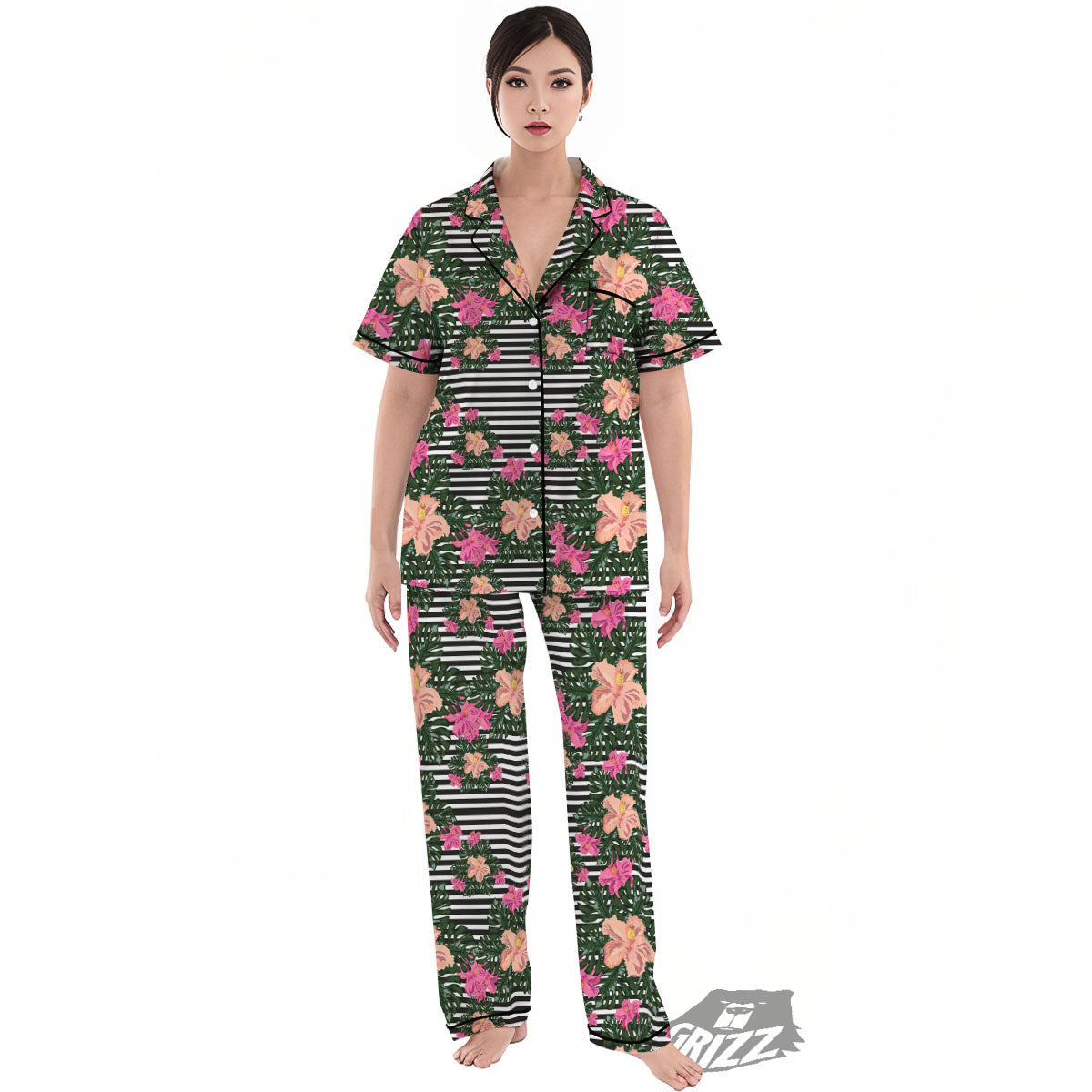 Striped Plumeria Flower Print Pattern Women's Pajamas Set-grizzshop