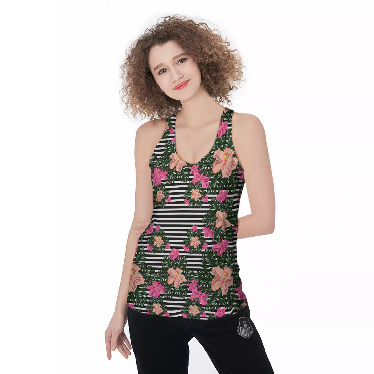 Striped Plumeria Flower Print Pattern Women's Racerback Tank Top-grizzshop