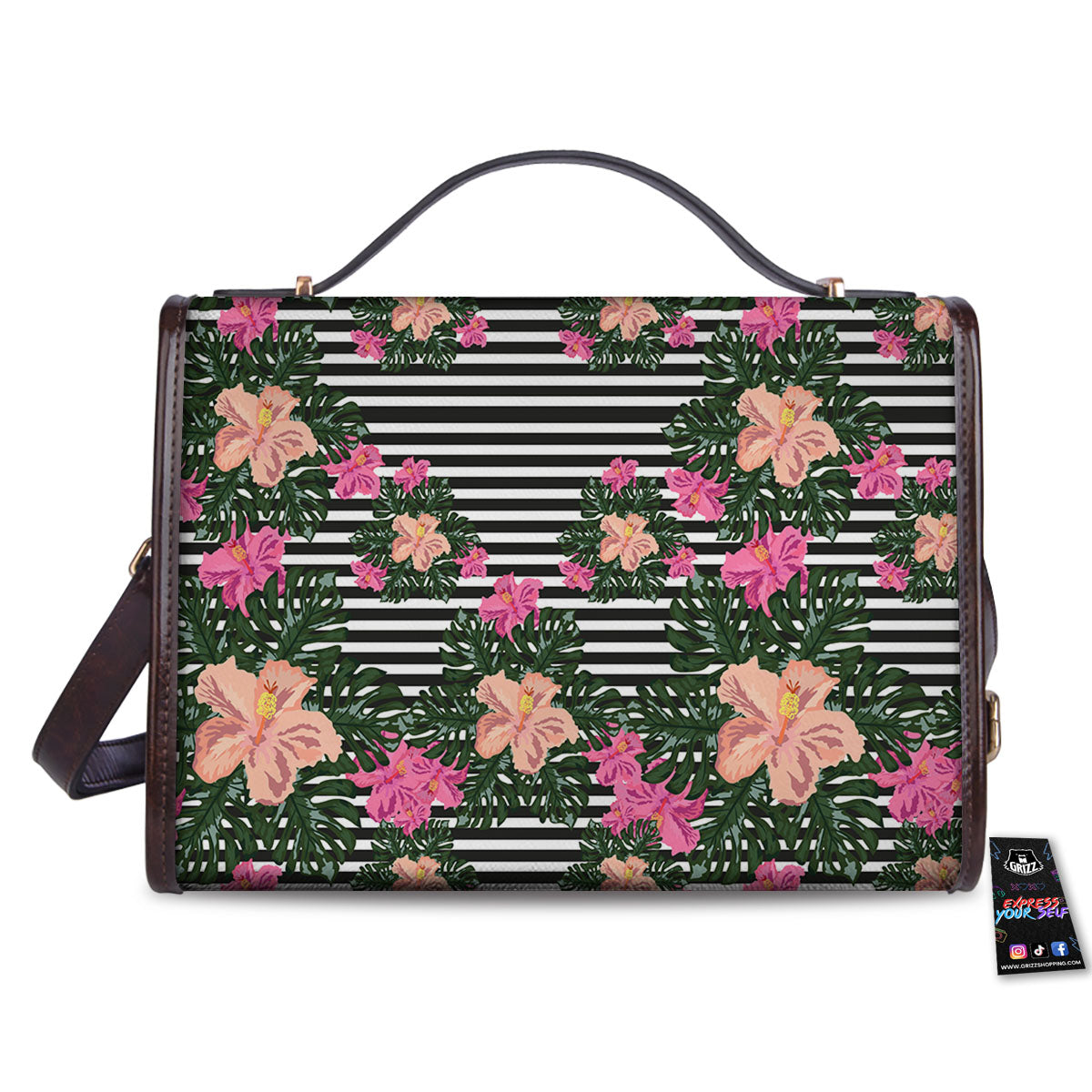 Striped Plumeria Flower Print Pattern Women's Satchel Bag-grizzshop