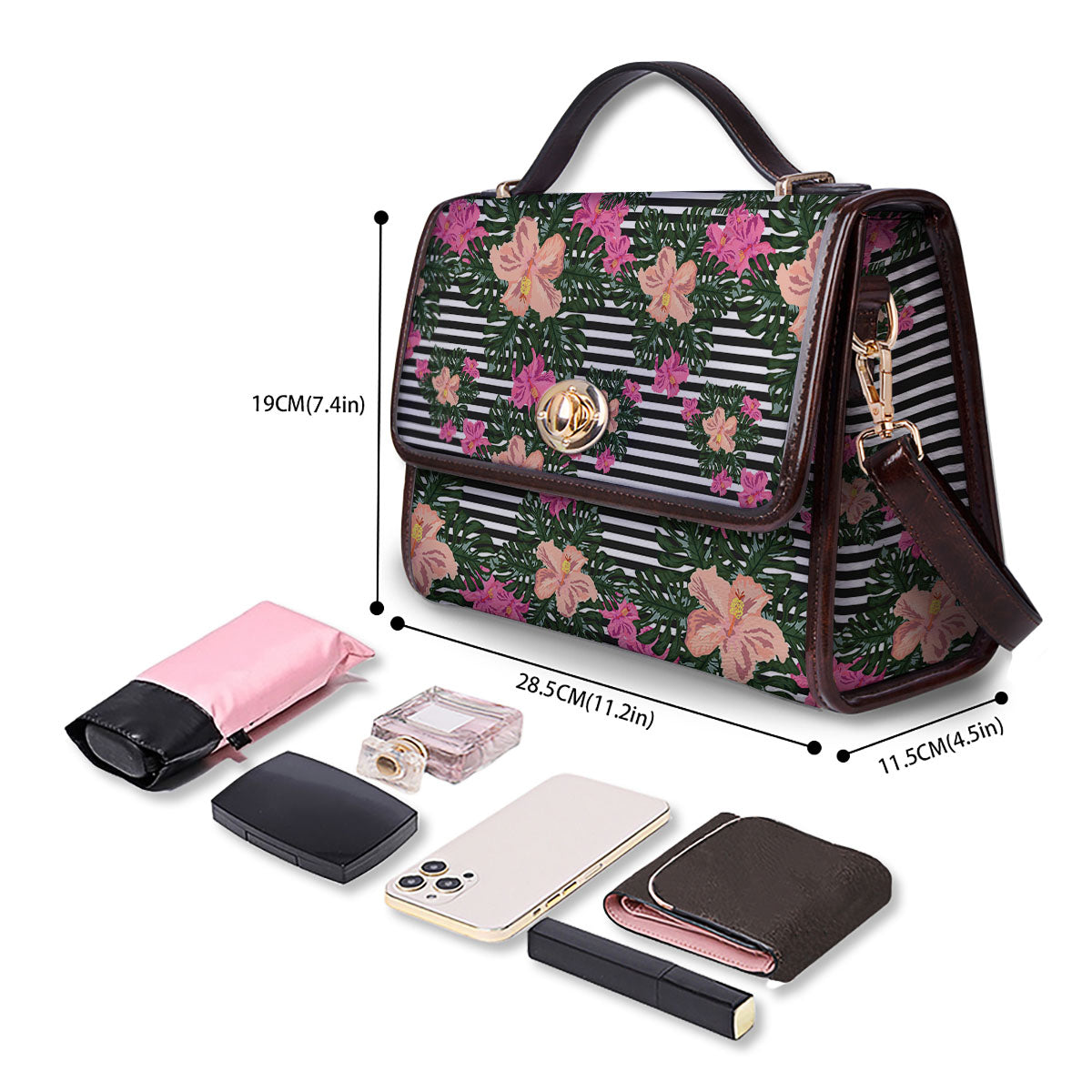 Striped Plumeria Flower Print Pattern Women's Satchel Bag-grizzshop