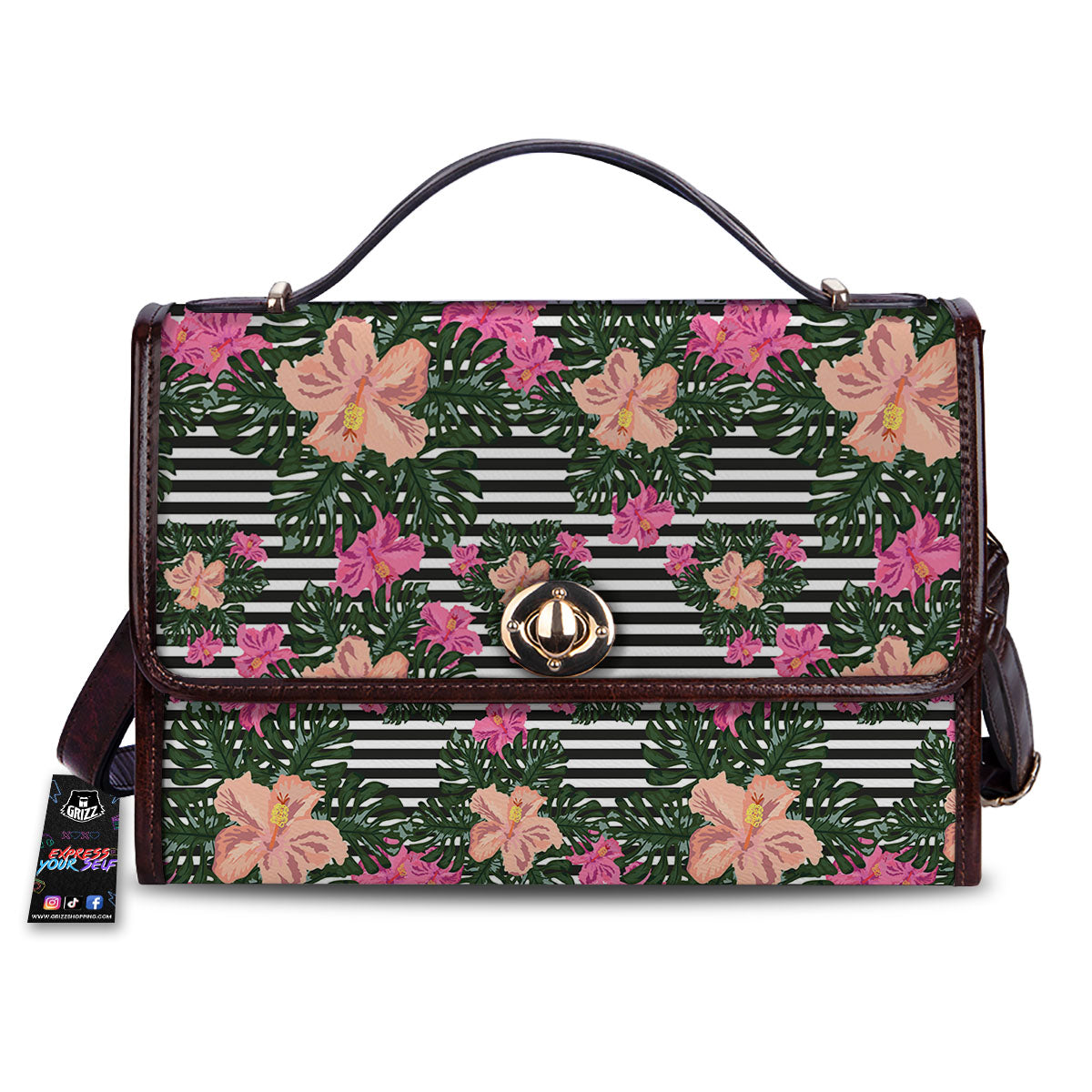 Striped Plumeria Flower Print Pattern Women's Satchel Bag-grizzshop