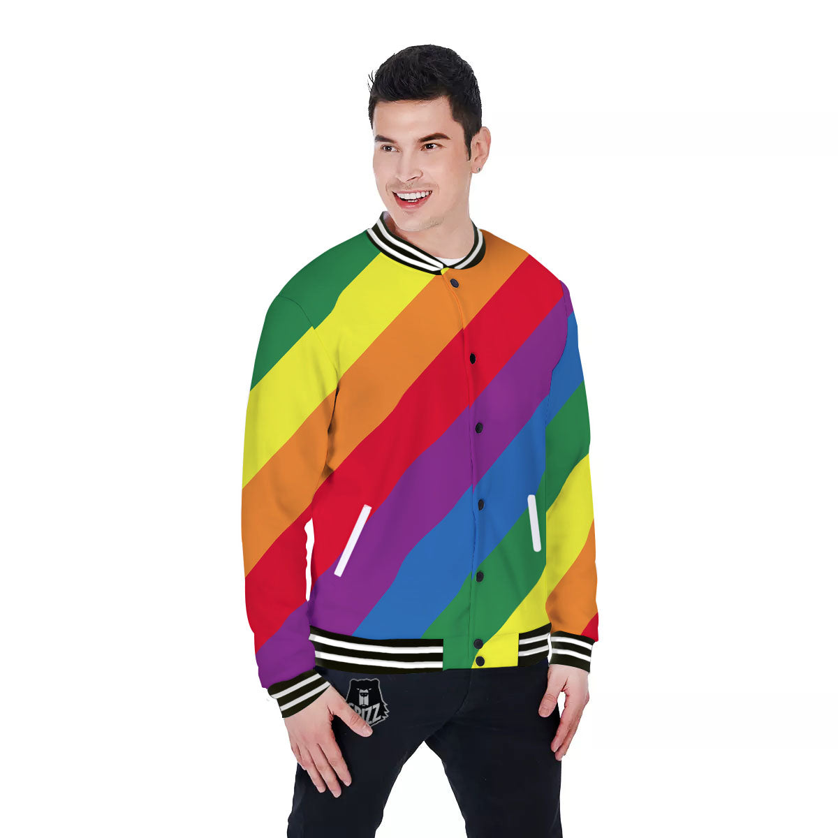 Striped Rainbow Diagonal Print Pattern Baseball Jacket-grizzshop