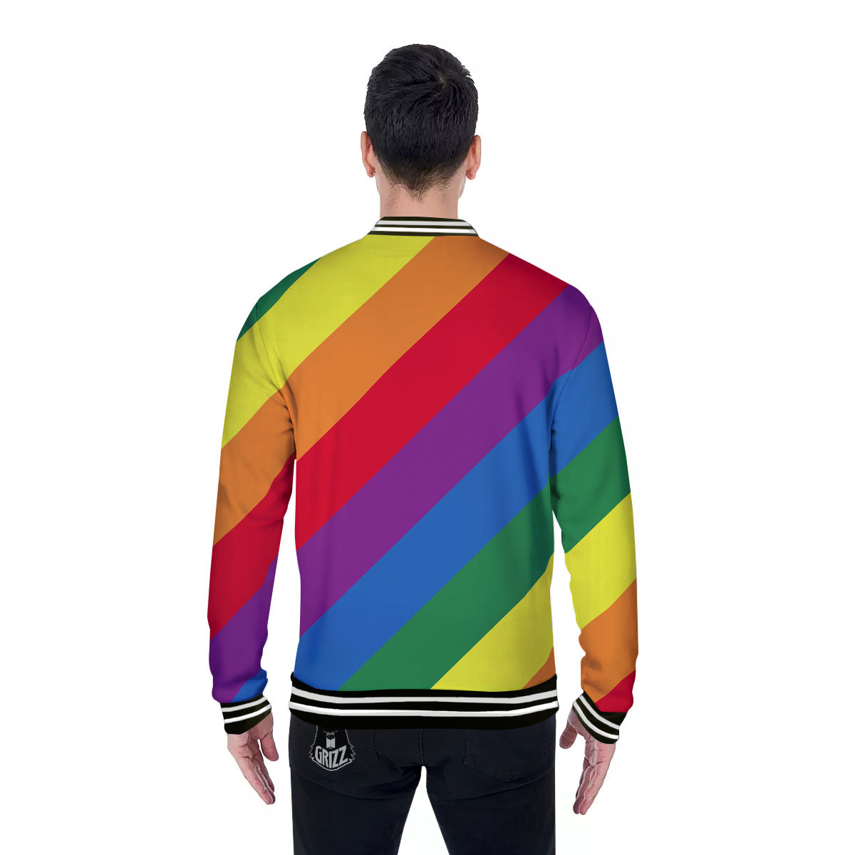Striped Rainbow Diagonal Print Pattern Baseball Jacket-grizzshop