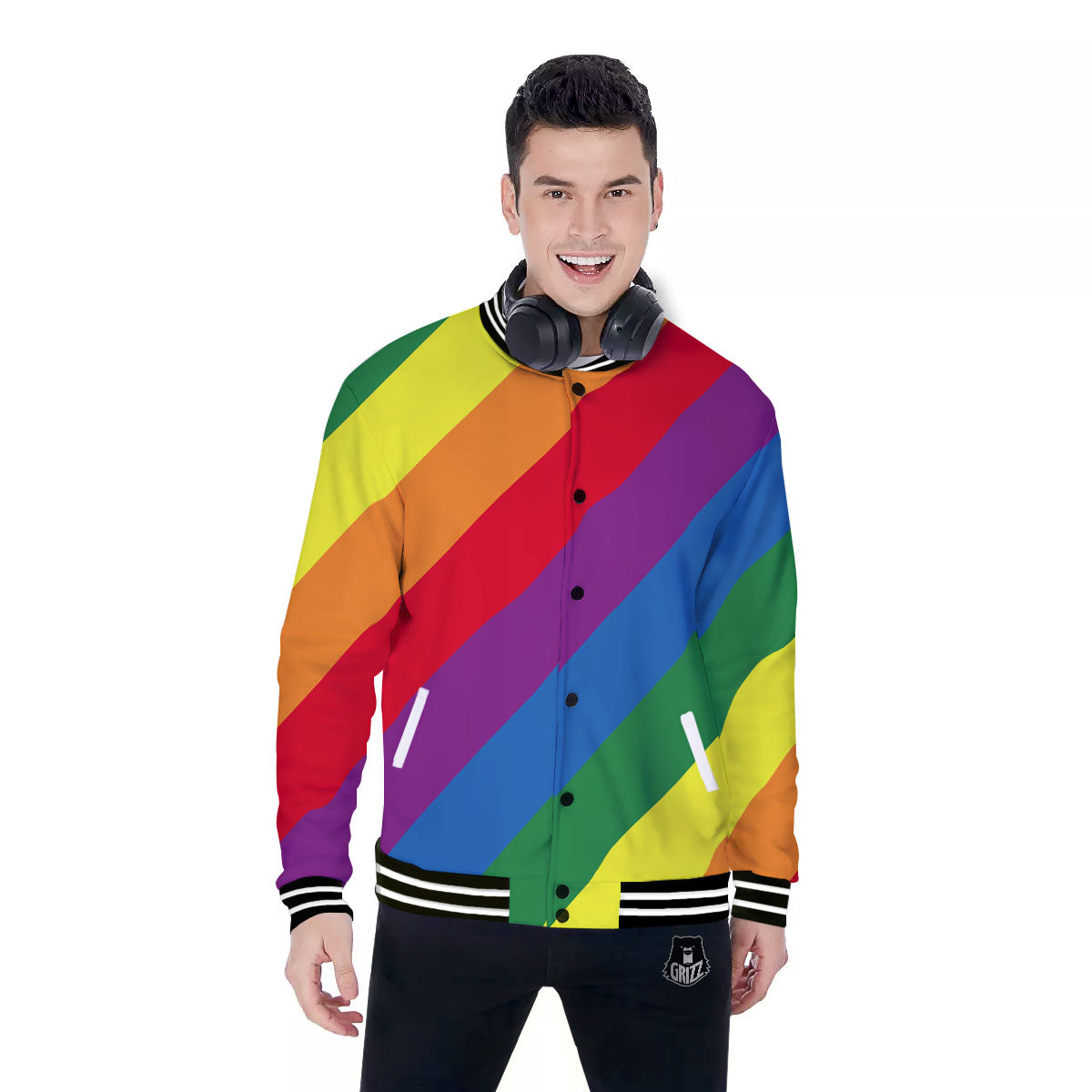Striped Rainbow Diagonal Print Pattern Baseball Jacket-grizzshop