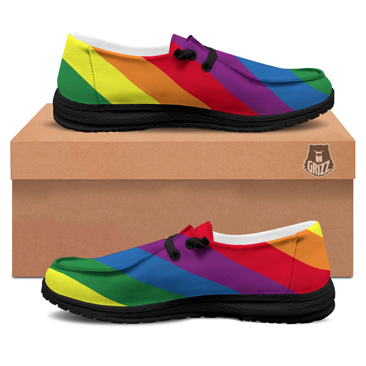 Striped Rainbow Diagonal Print Pattern Black Loafers-grizzshop