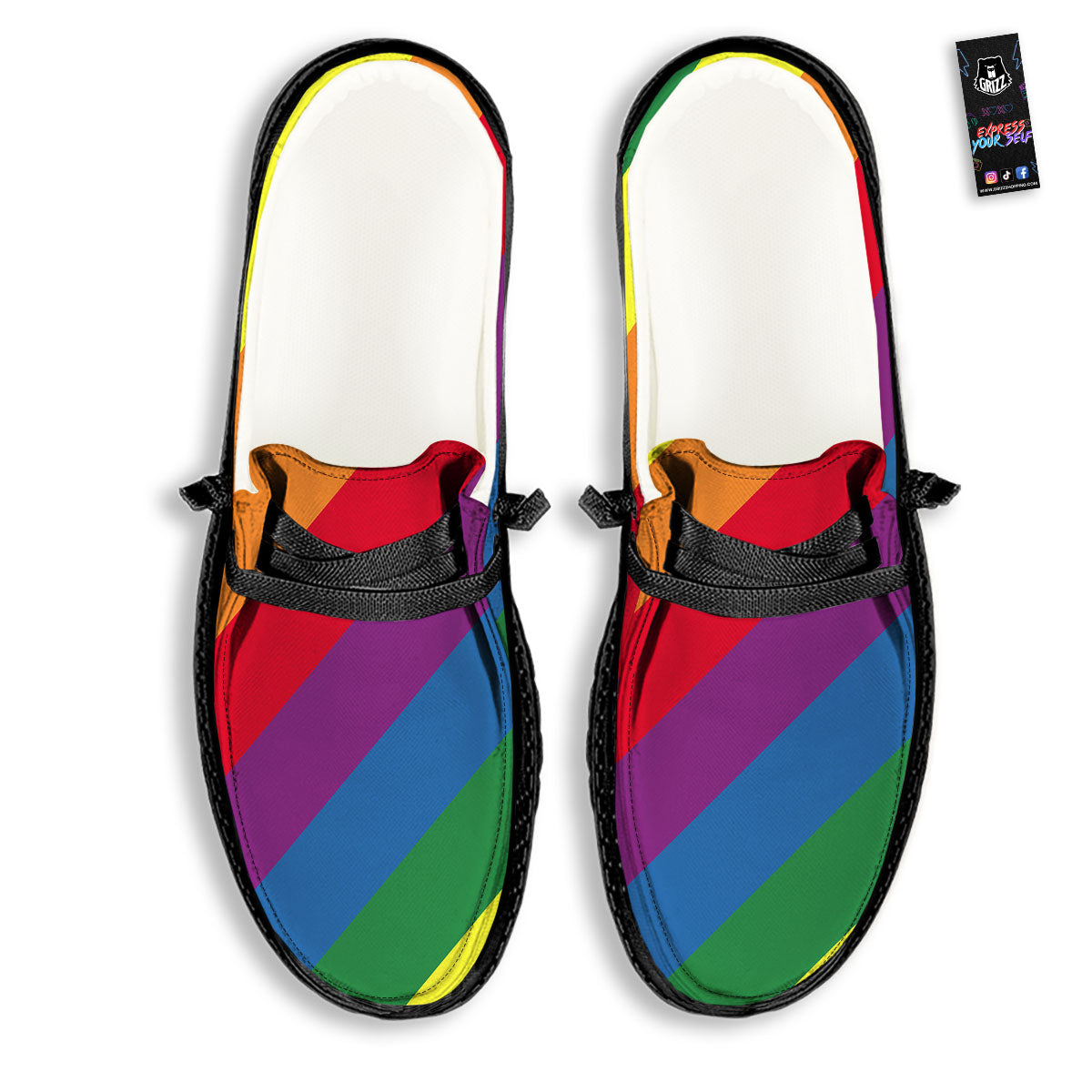 Striped Rainbow Diagonal Print Pattern Black Loafers-grizzshop