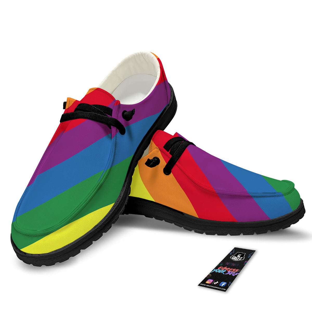 Striped Rainbow Diagonal Print Pattern Black Loafers-grizzshop