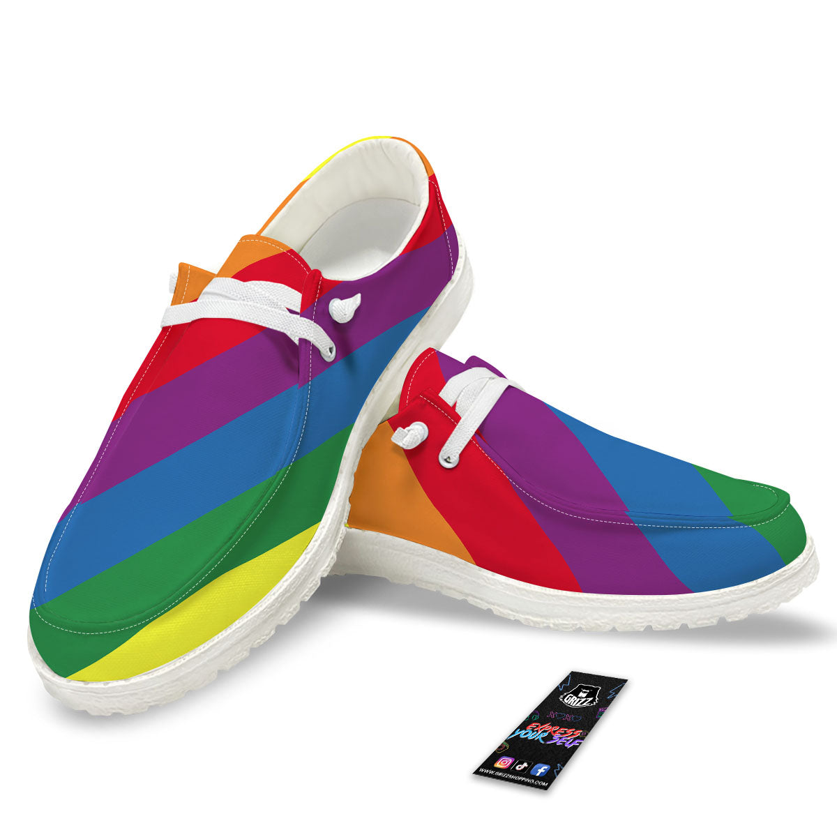Striped Rainbow Diagonal Print Pattern Black Loafers-grizzshop