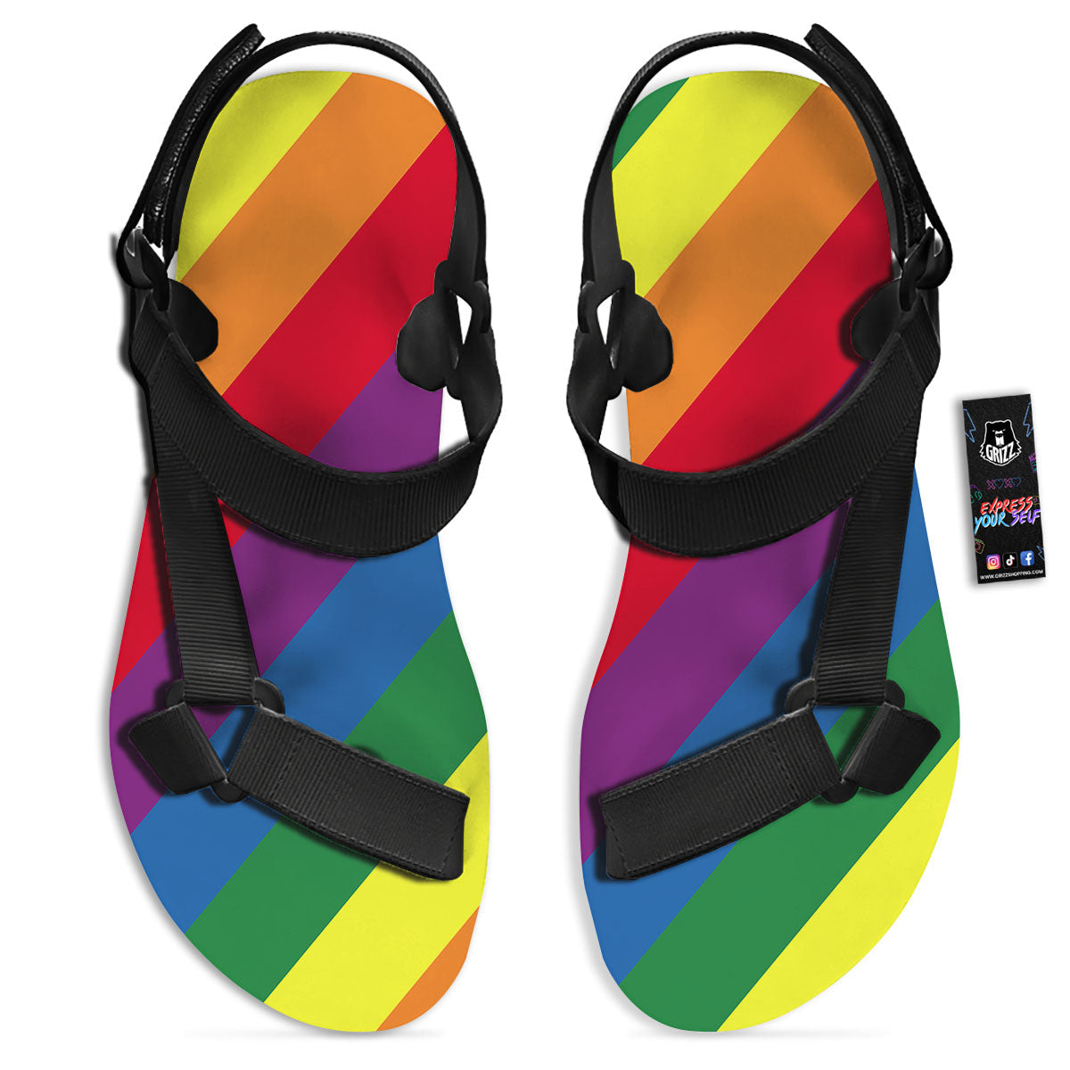 Striped Rainbow Diagonal Print Pattern Black Open Toe Sandals-grizzshop