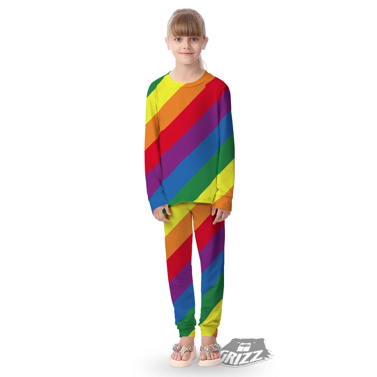 Striped Rainbow Diagonal Print Pattern Kid's Pajamas-grizzshop