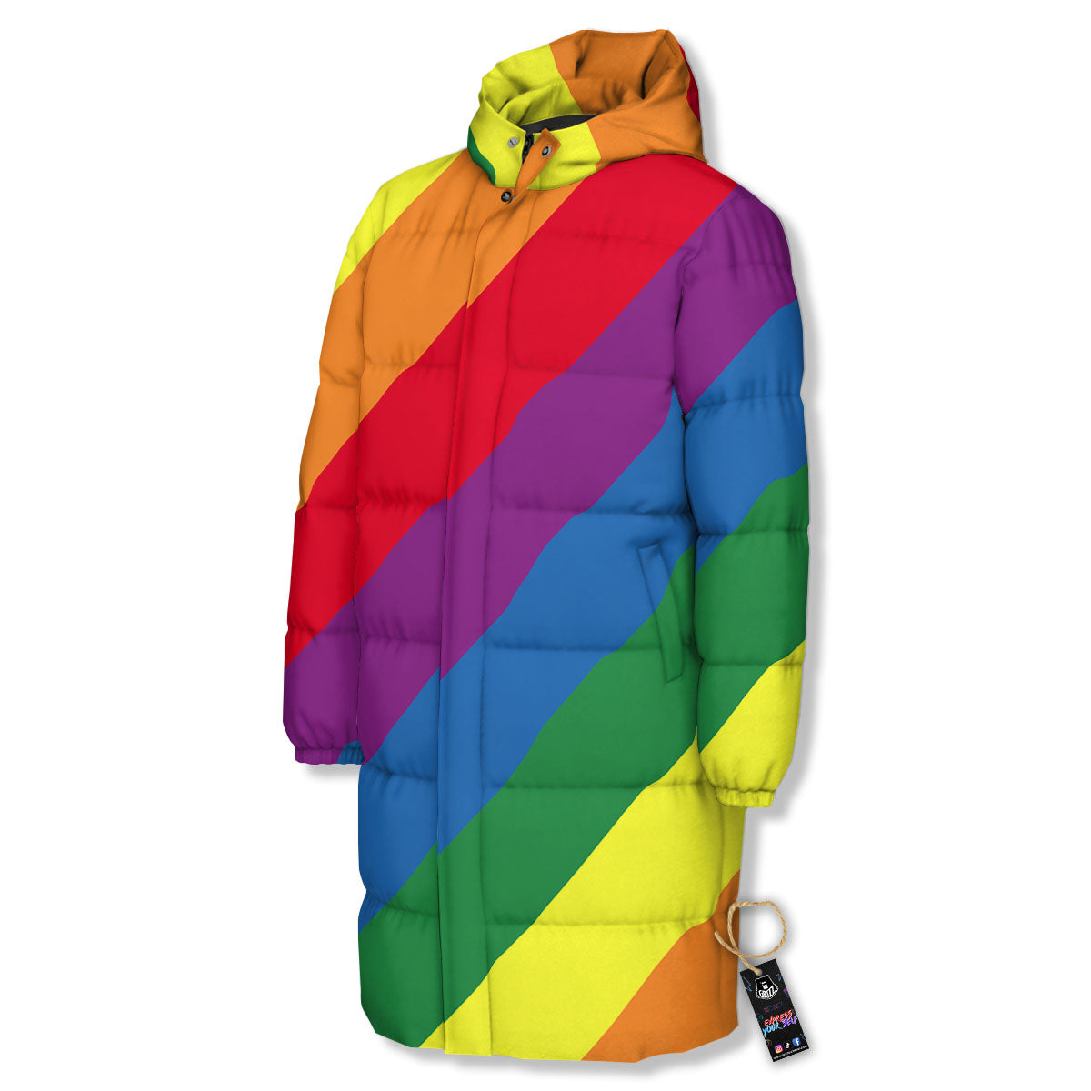 Striped Rainbow Diagonal Print Pattern Long Down Jacket-grizzshop