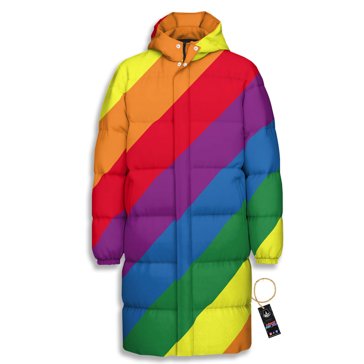 Striped Rainbow Diagonal Print Pattern Long Down Jacket-grizzshop
