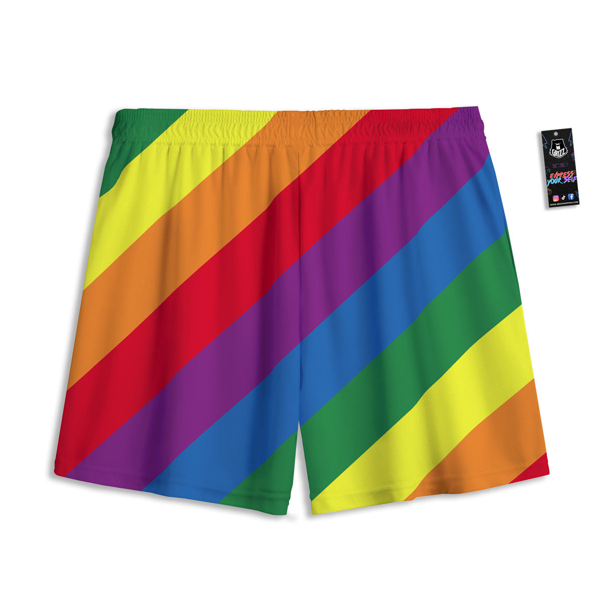 Striped Rainbow Diagonal Print Pattern Mesh Shorts