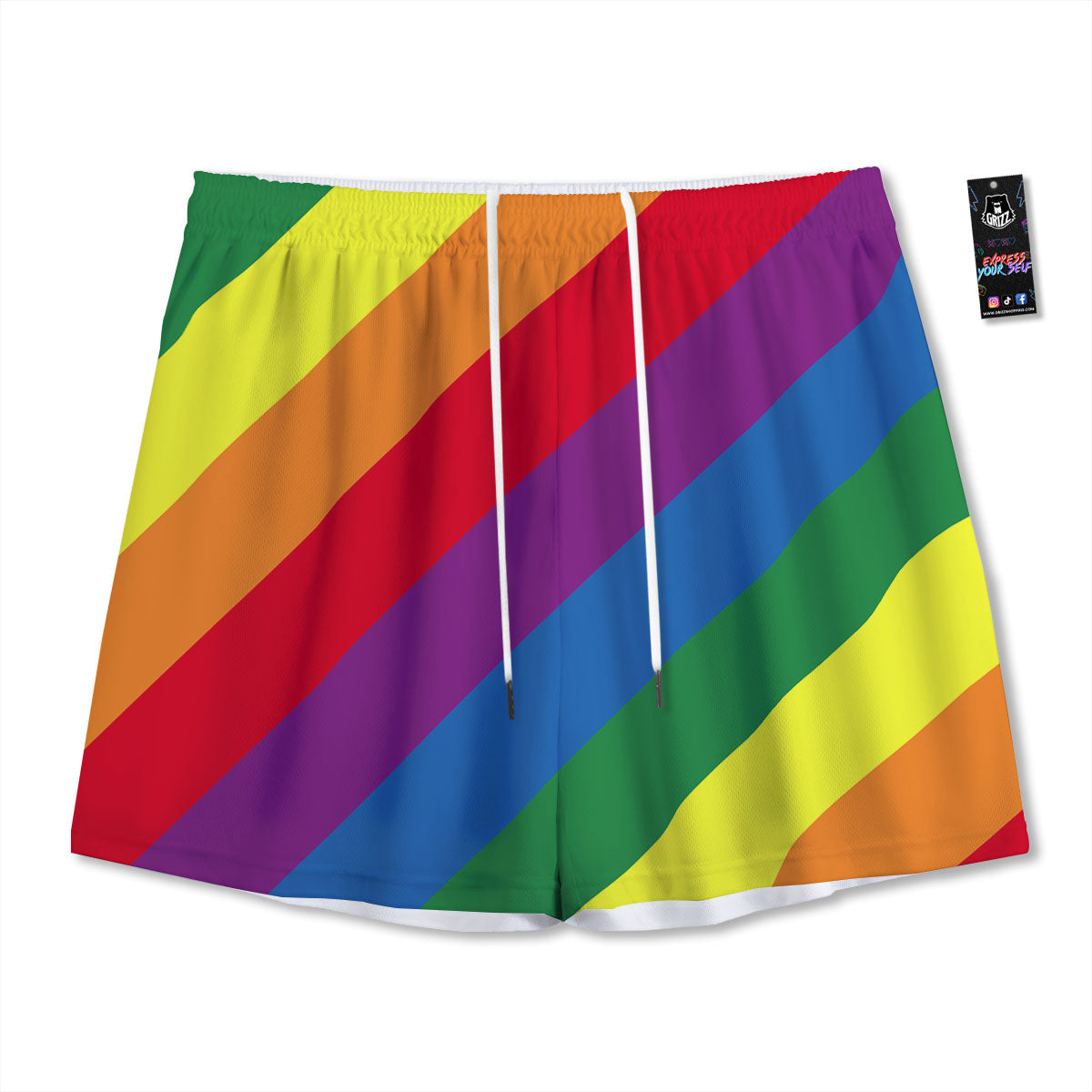 Striped Rainbow Diagonal Print Pattern Mesh Shorts