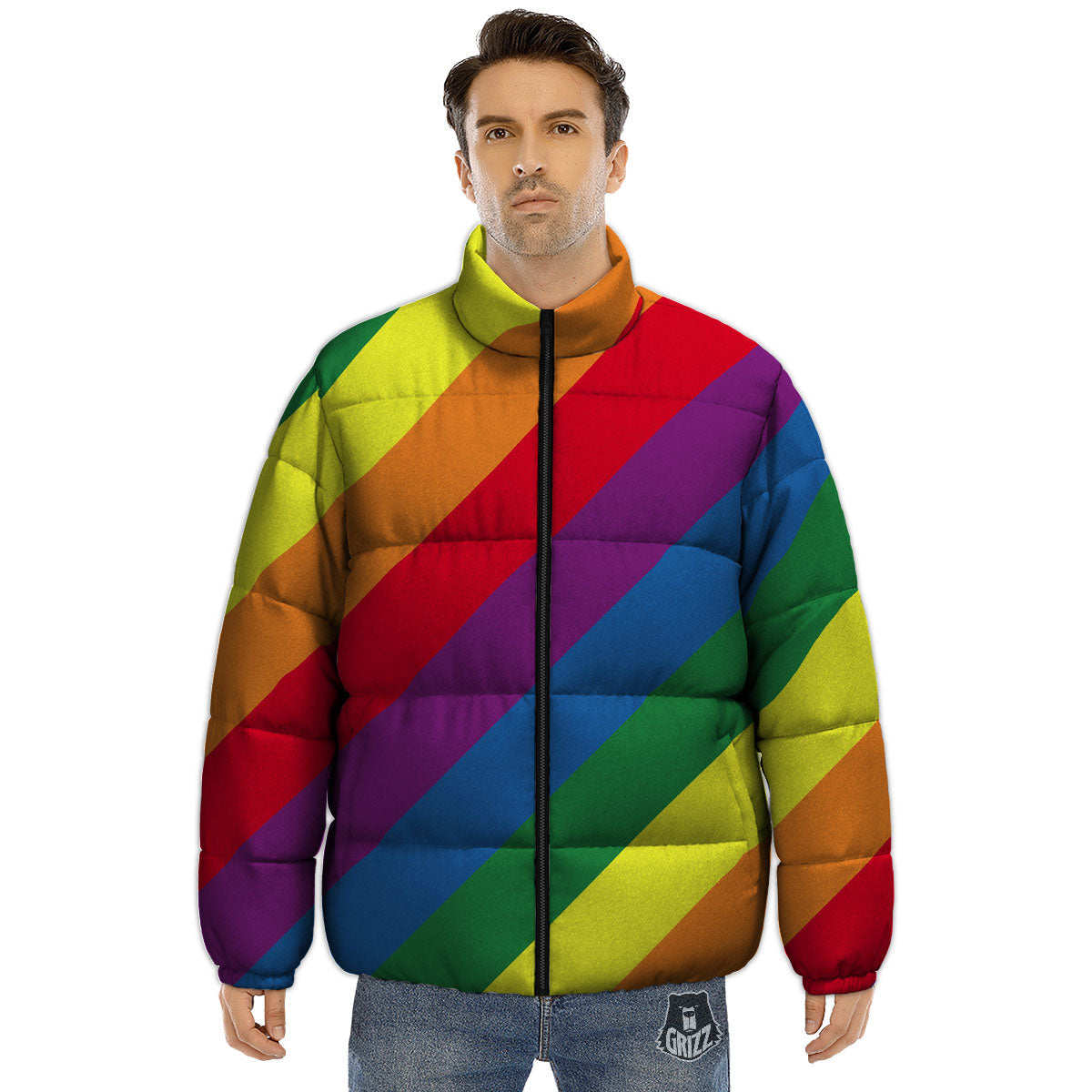 Striped Rainbow Diagonal Print Pattern Puffer Jacket-grizzshop