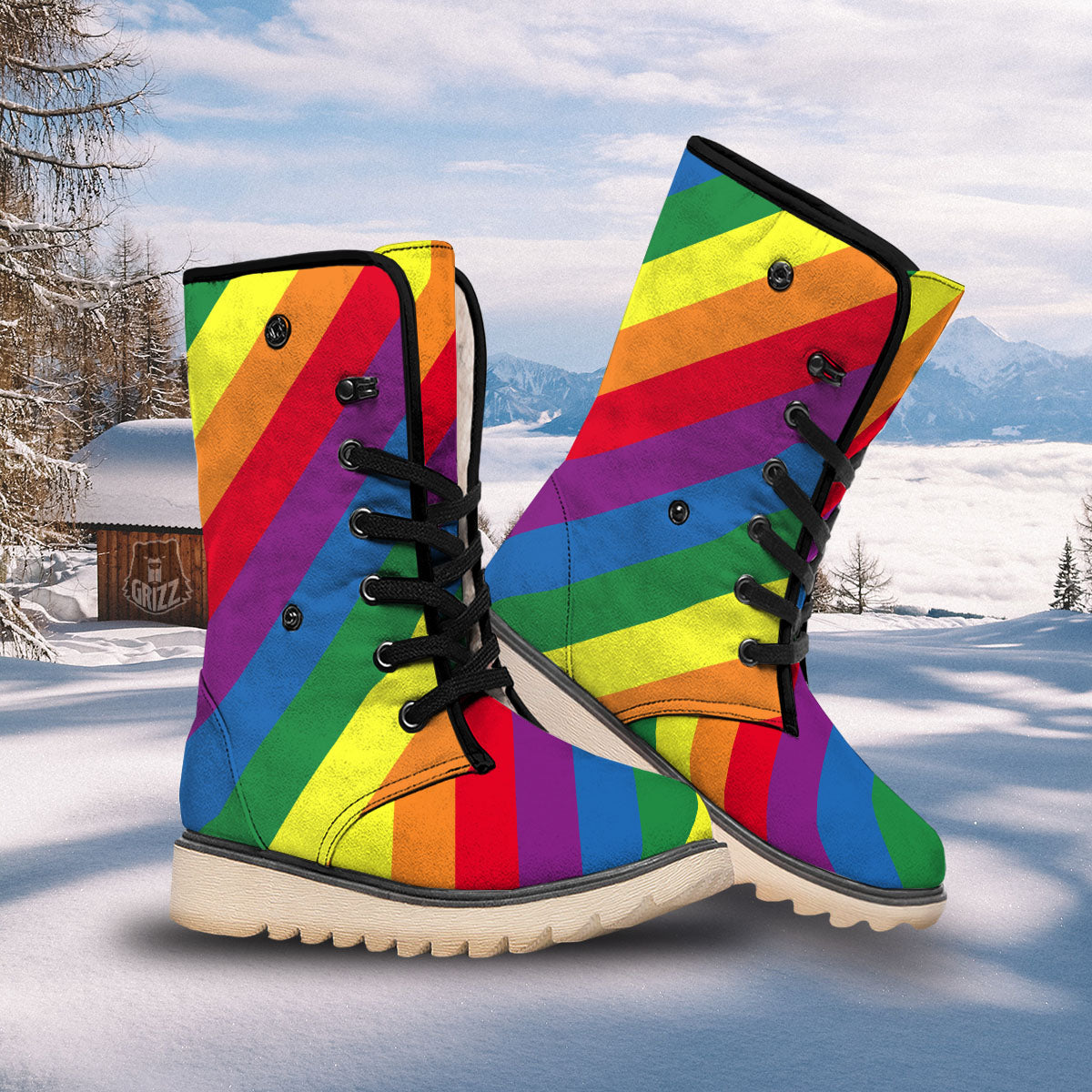 Striped Rainbow Diagonal Print Pattern Snow Boots-grizzshop
