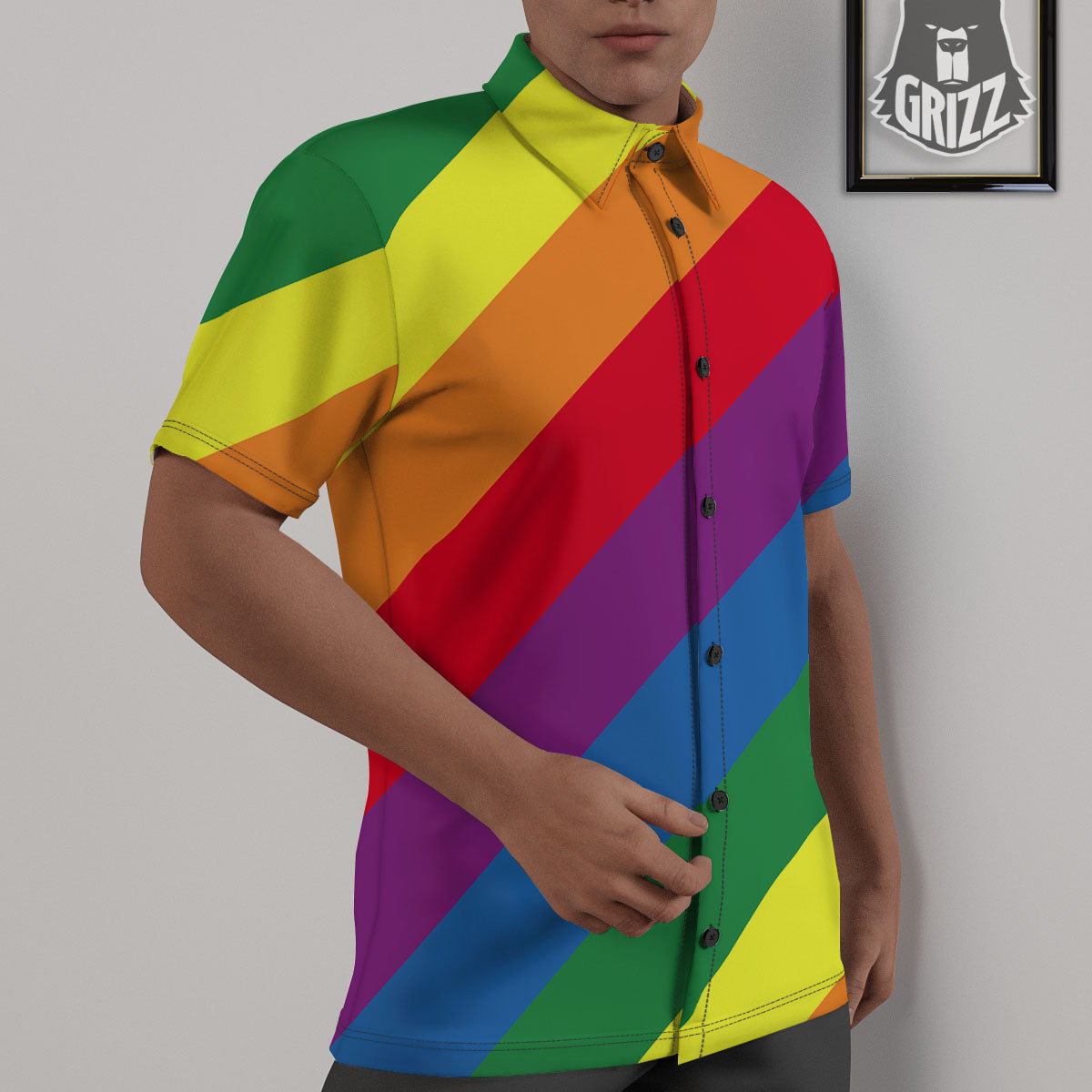 Striped Rainbow Diagonal Print Pattern Untucked Shirts-grizzshop
