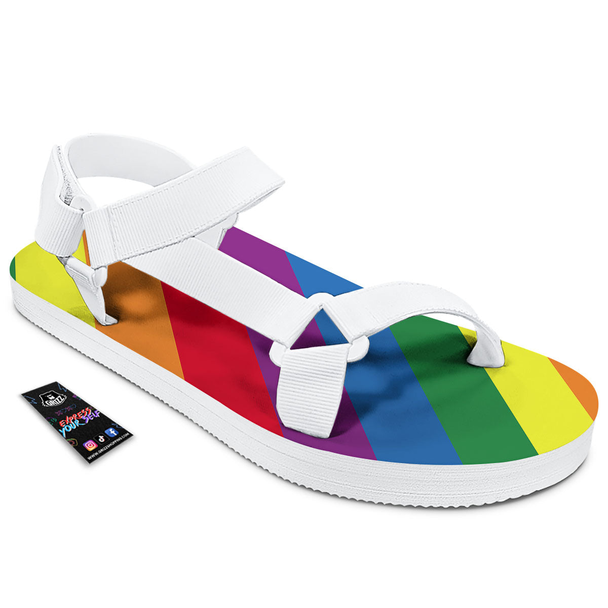 Striped Rainbow Diagonal Print Pattern White Open Toe Sandals-grizzshop