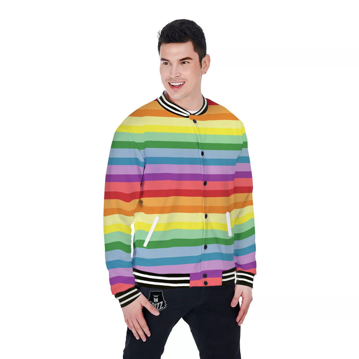 Striped Rainbow Print Pattern Baseball Jacket-grizzshop