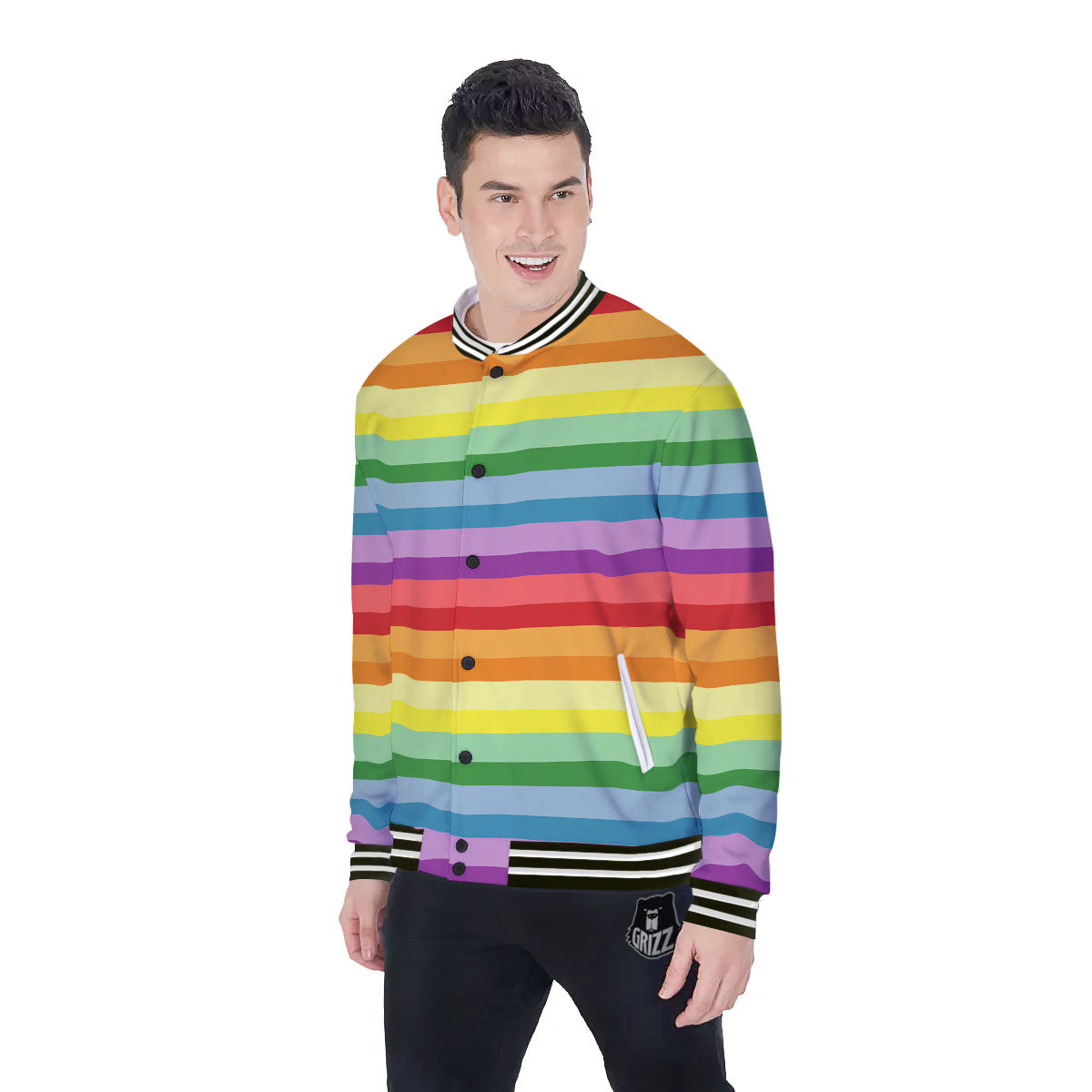 Striped Rainbow Print Pattern Baseball Jacket-grizzshop