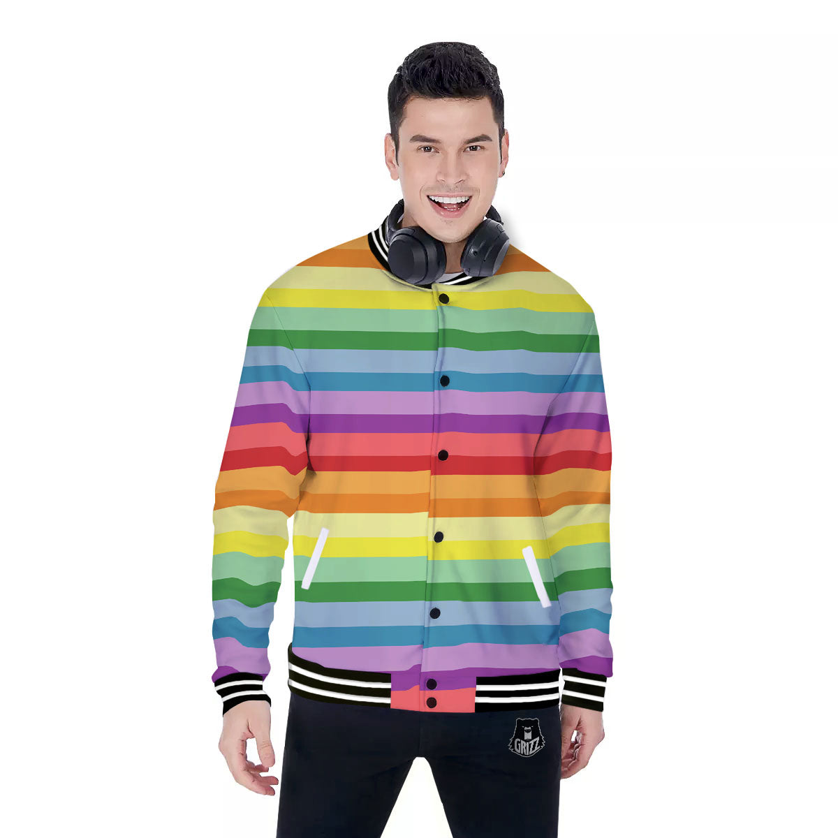 Striped Rainbow Print Pattern Baseball Jacket-grizzshop