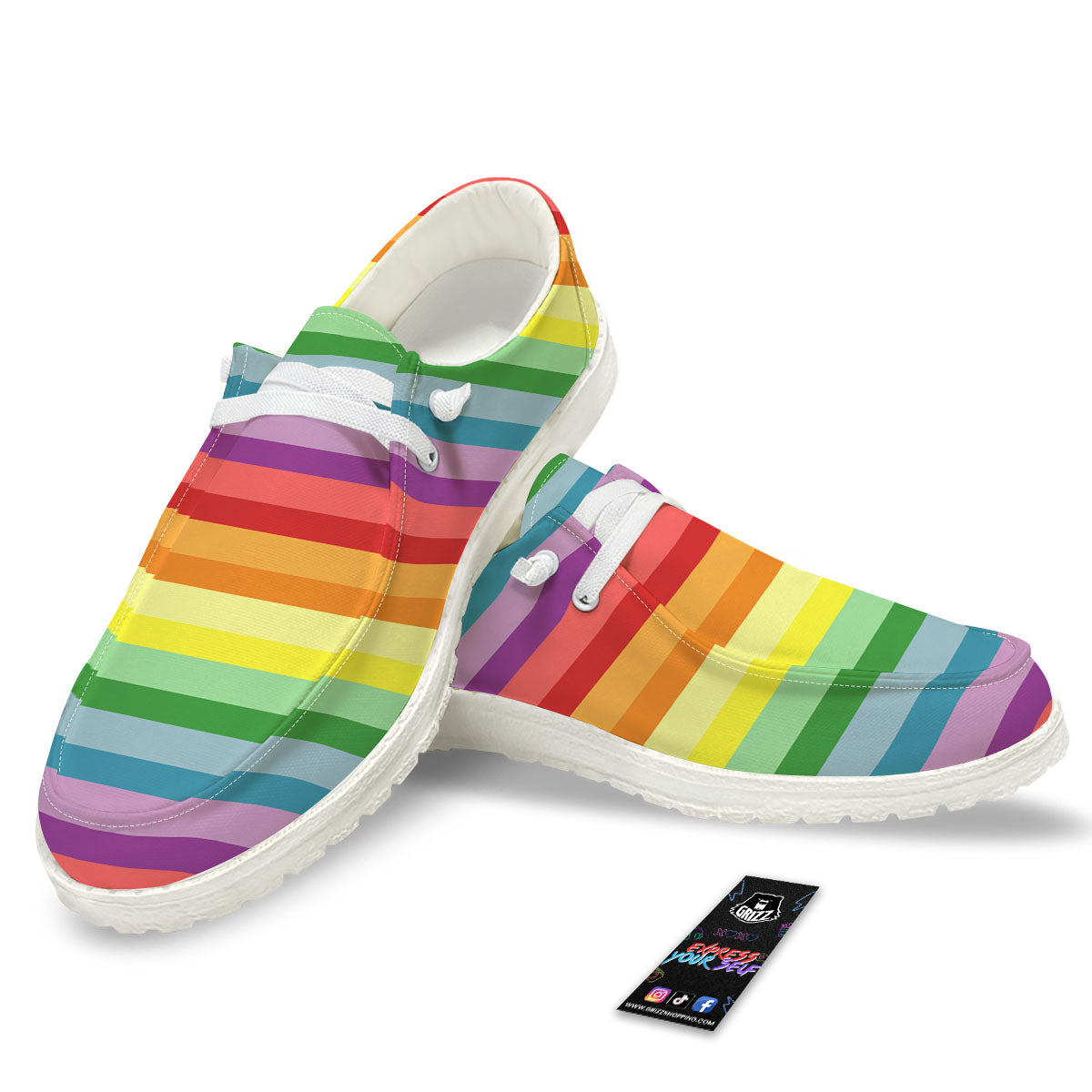 Striped Rainbow Print Pattern Black Loafers-grizzshop