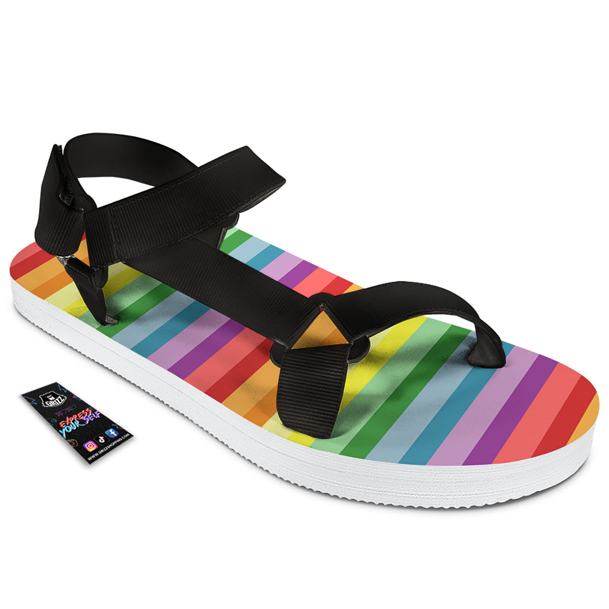 Striped Rainbow Print Pattern Black Open Toe Sandals-grizzshop