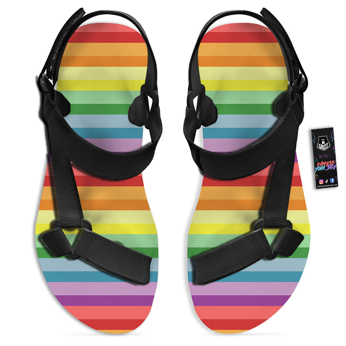 Striped Rainbow Print Pattern Black Open Toe Sandals-grizzshop