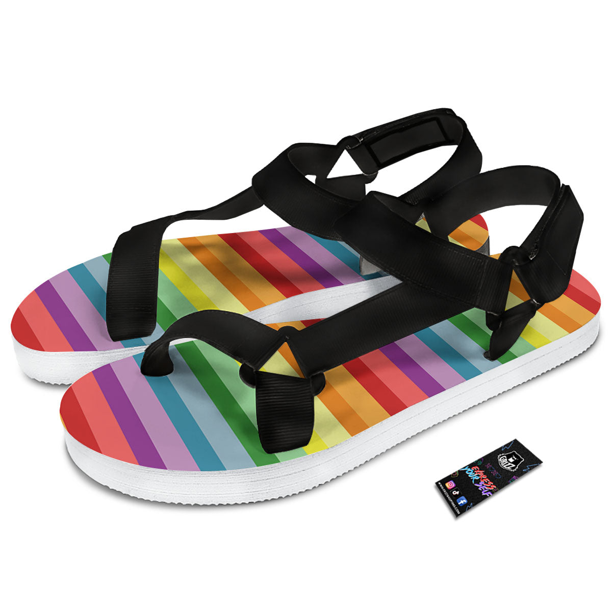 Striped Rainbow Print Pattern Black Open Toe Sandals-grizzshop