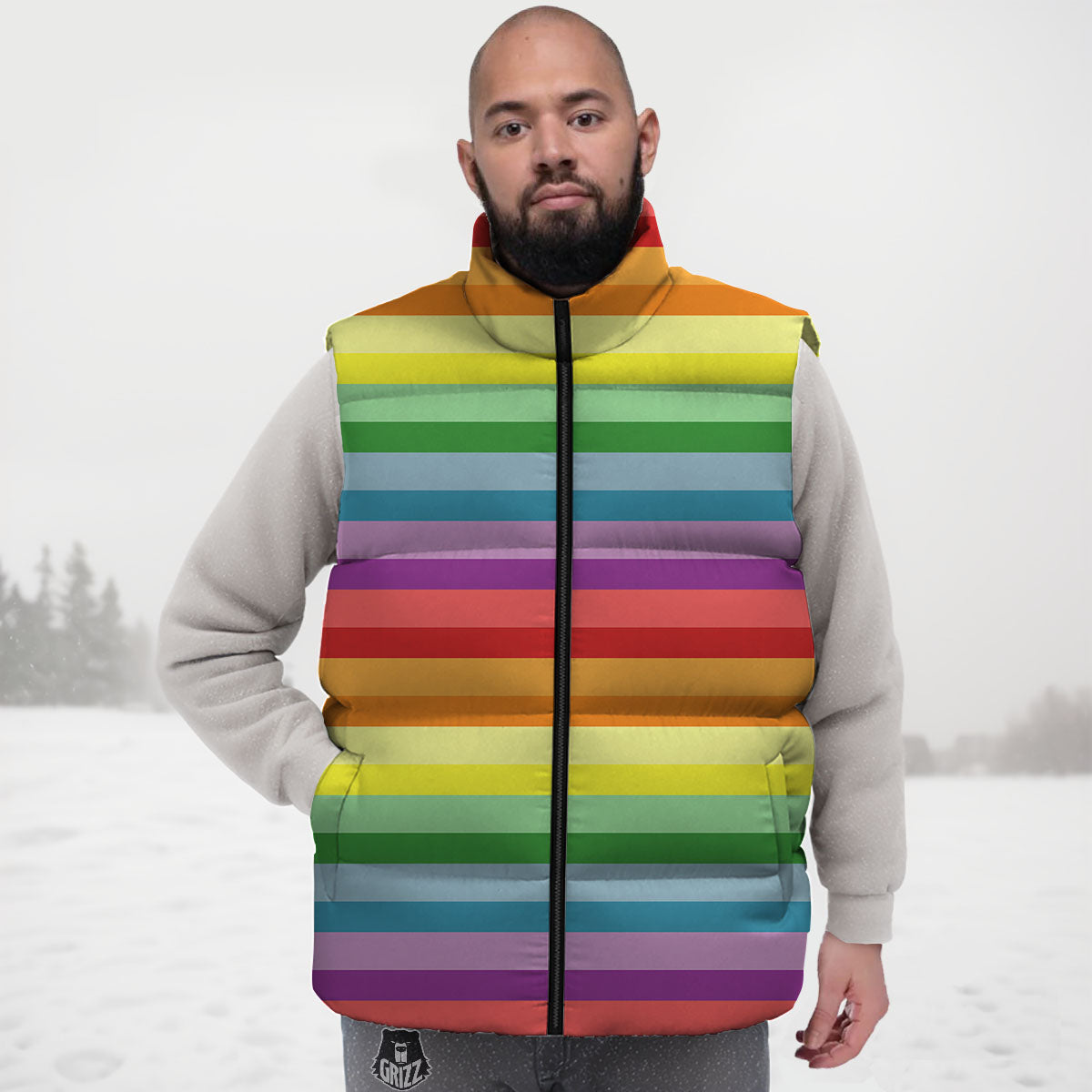 Striped Rainbow Print Pattern Down Vest