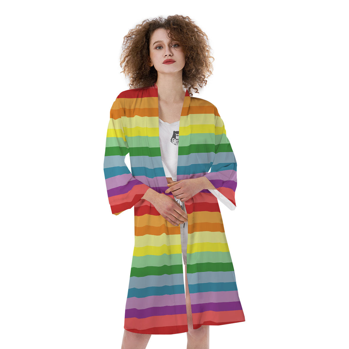 Striped Rainbow Print Pattern Kimono-grizzshop