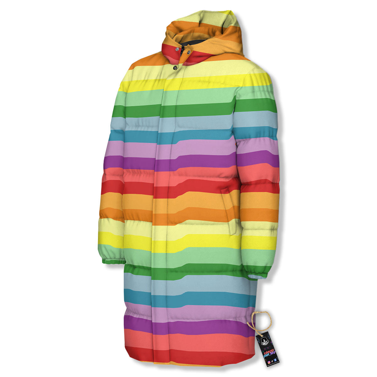 Striped Rainbow Print Pattern Long Down Jacket-grizzshop