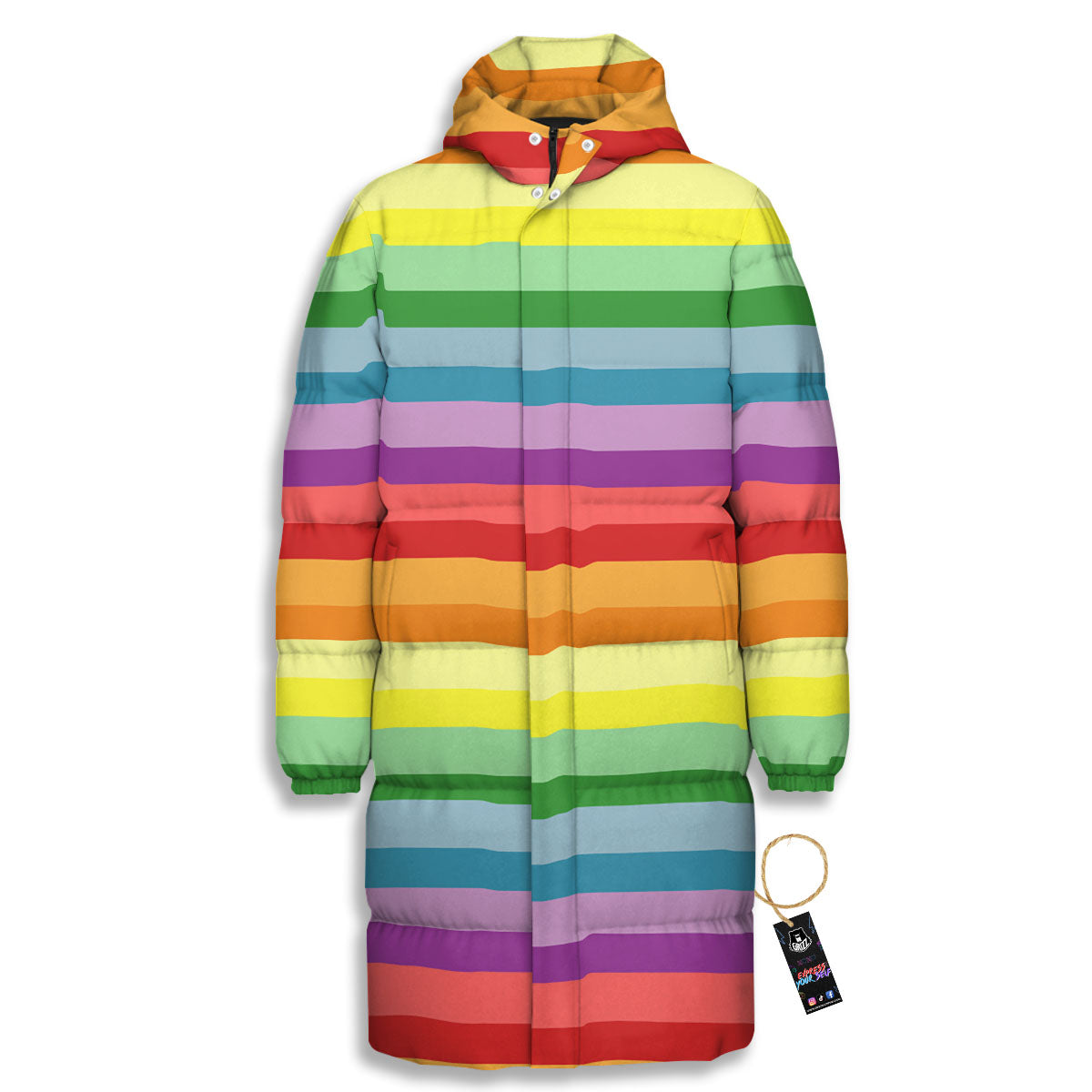 Striped Rainbow Print Pattern Long Down Jacket-grizzshop
