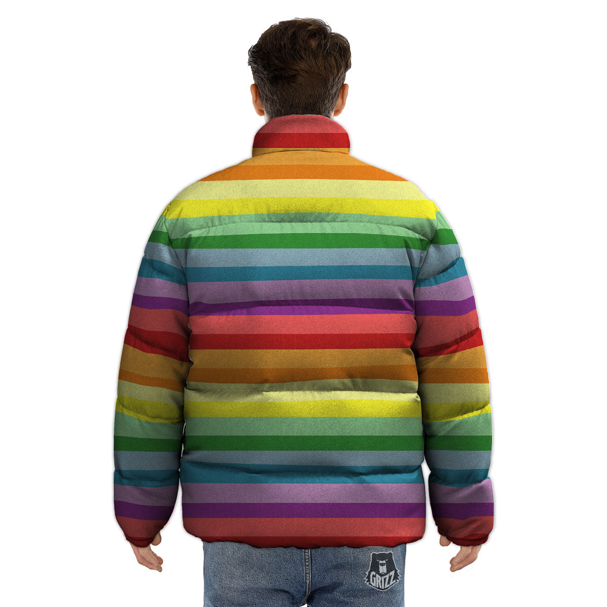 Striped Rainbow Print Pattern Puffer Jacket-grizzshop