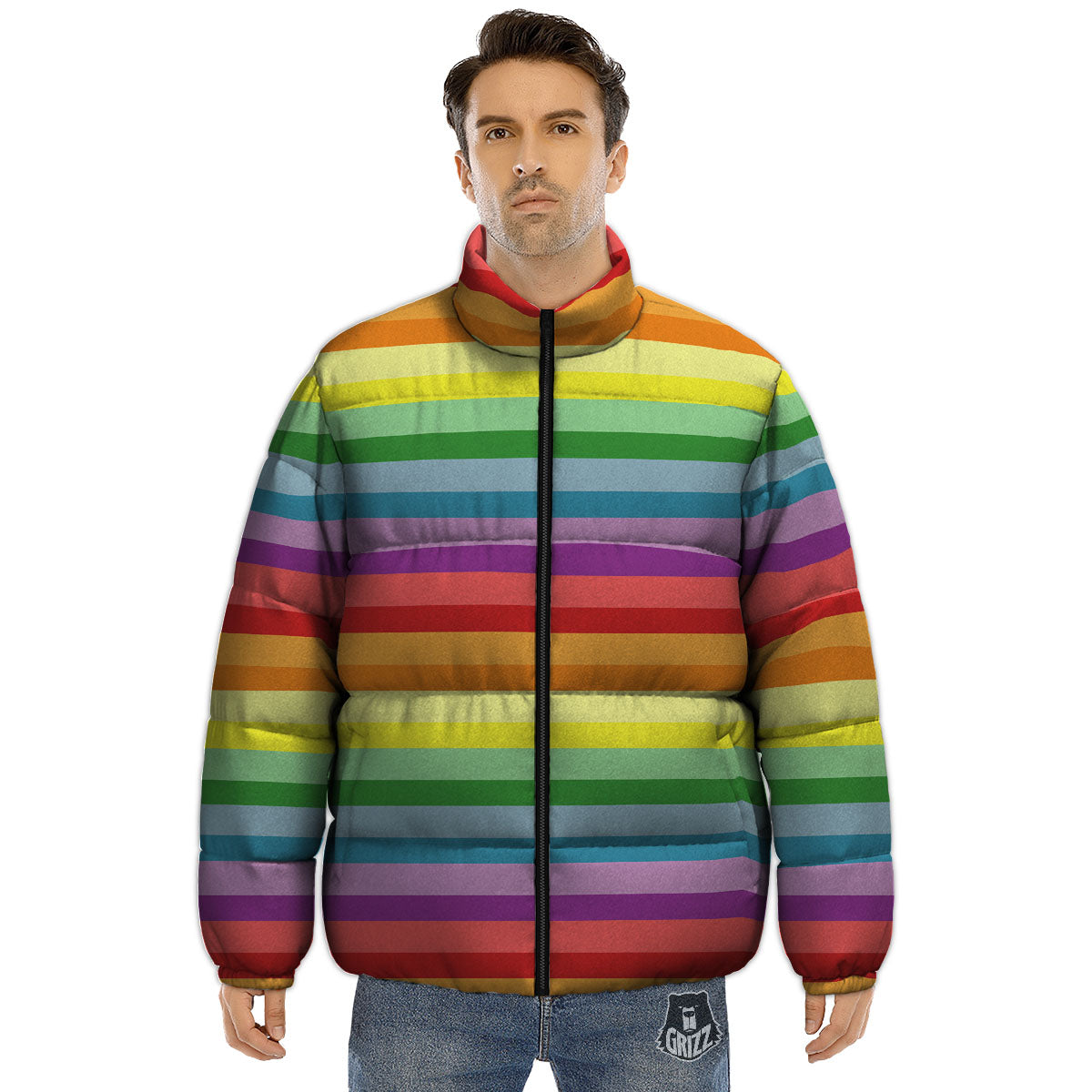 Striped Rainbow Print Pattern Puffer Jacket-grizzshop
