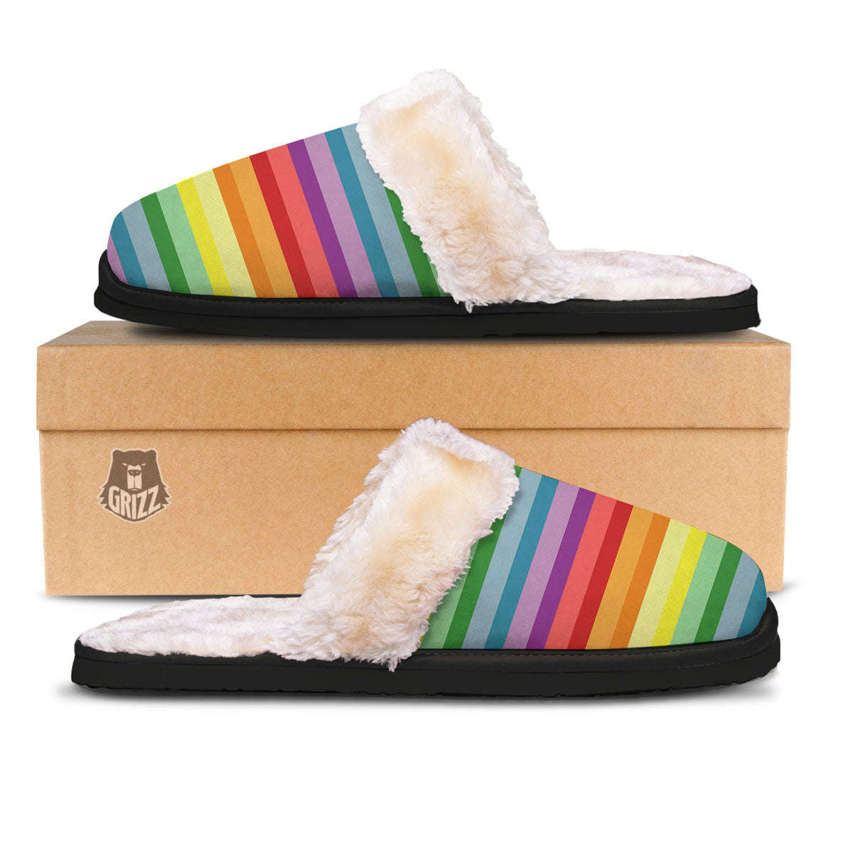 Striped Rainbow Print Pattern Slippers-grizzshop