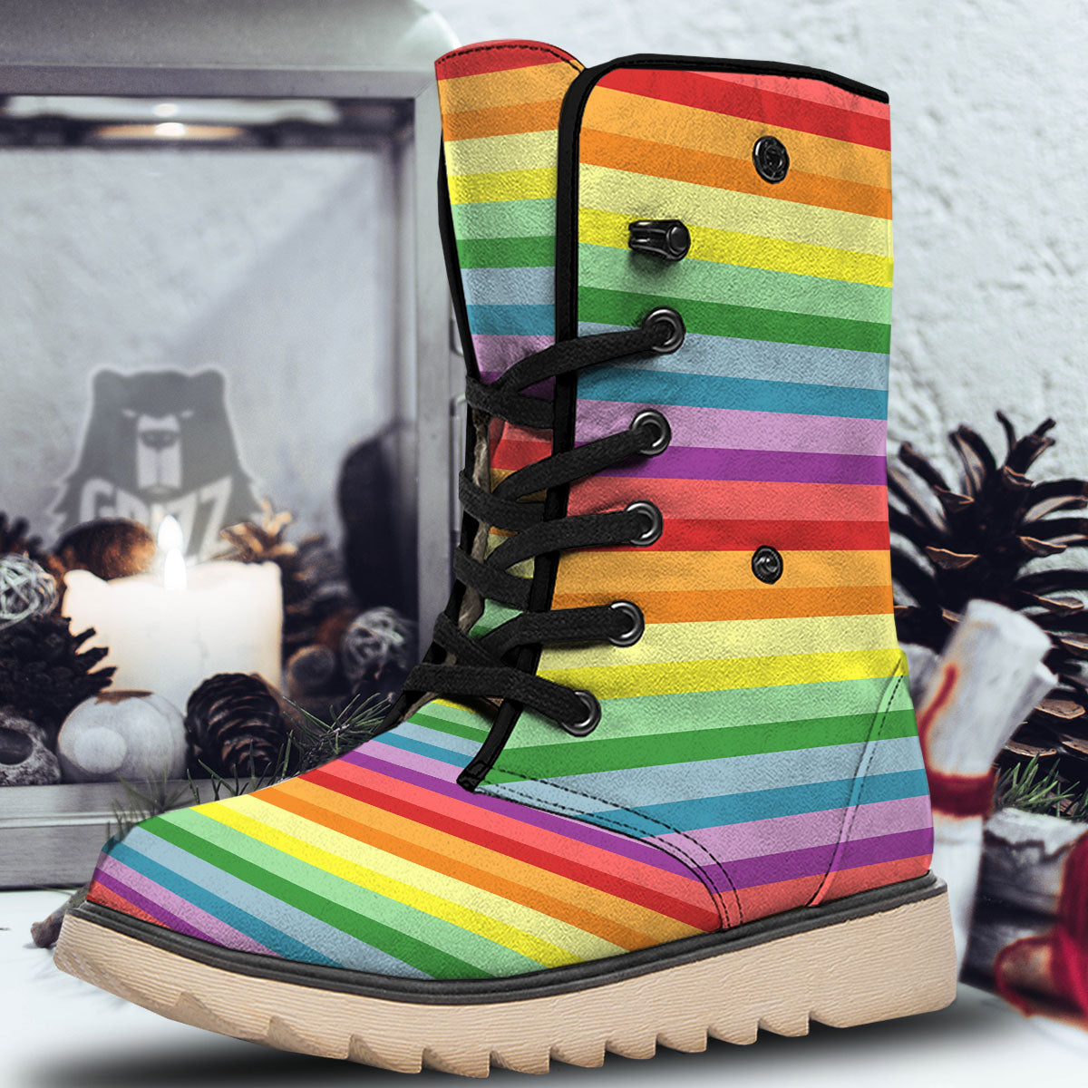 Striped Rainbow Print Pattern Snow Boots-grizzshop