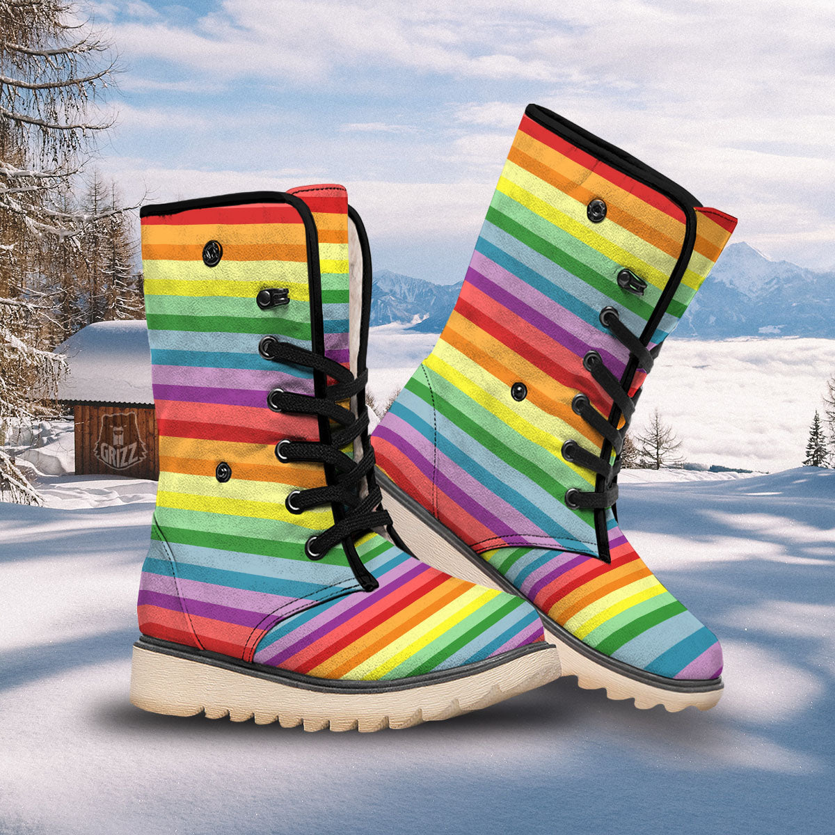 Striped Rainbow Print Pattern Snow Boots-grizzshop