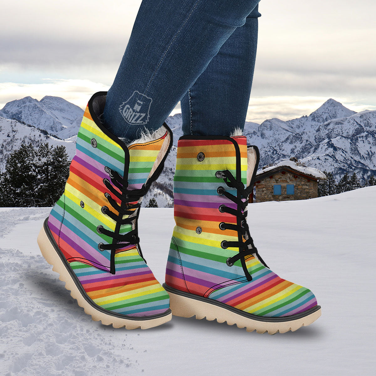 Striped Rainbow Print Pattern Snow Boots-grizzshop