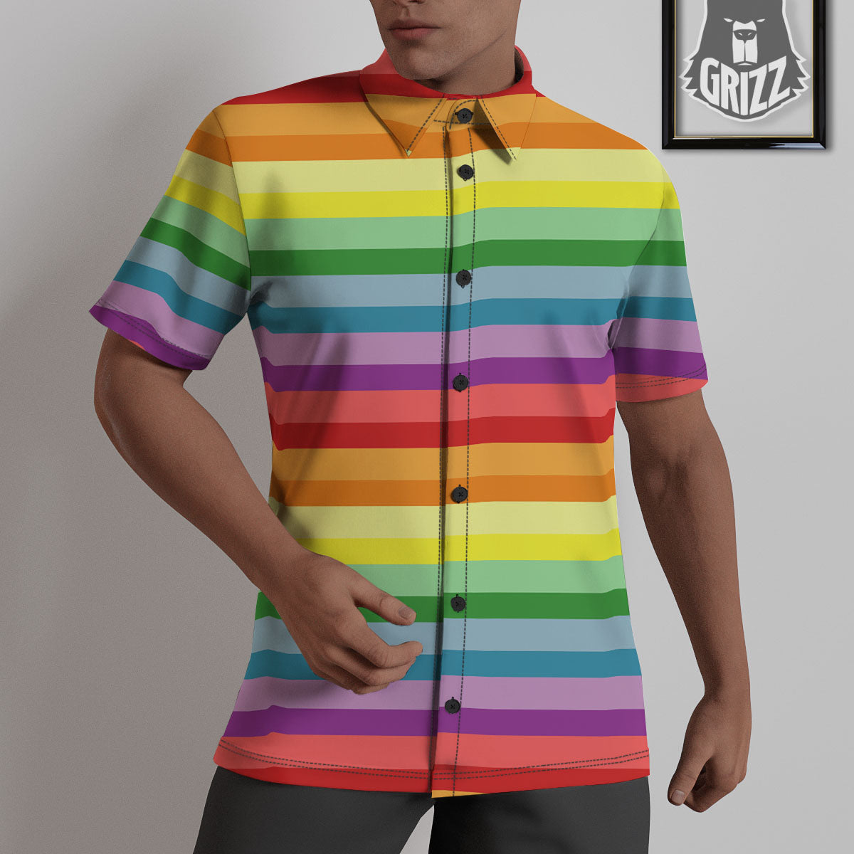 Striped Rainbow Print Pattern Untucked Shirts-grizzshop