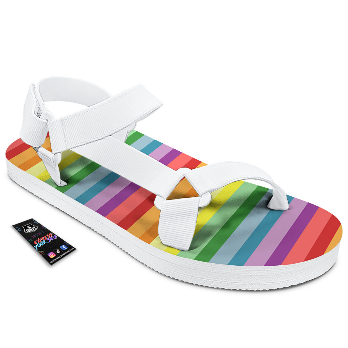 Striped Rainbow Print Pattern White Open Toe Sandals-grizzshop
