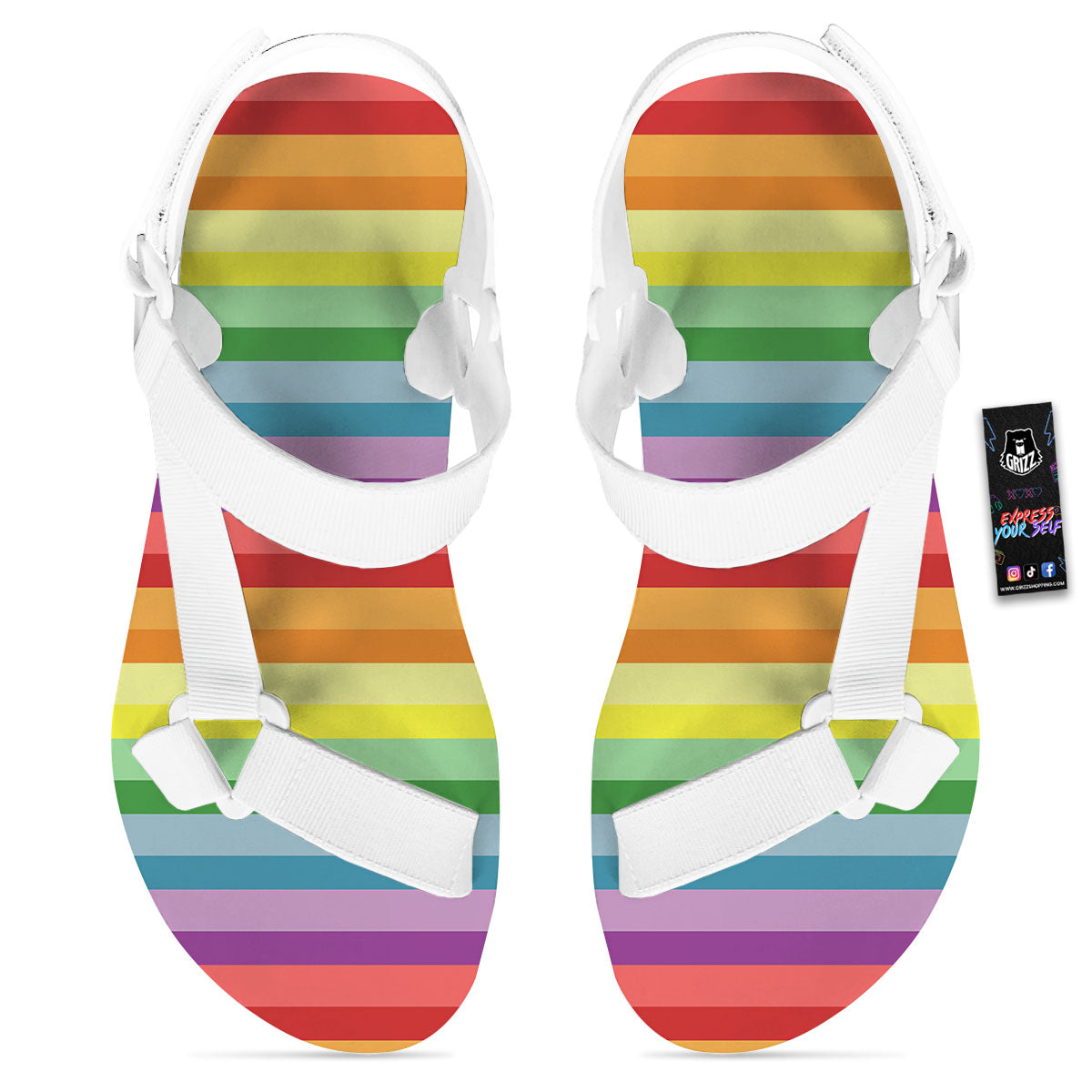 Striped Rainbow Print Pattern White Open Toe Sandals-grizzshop