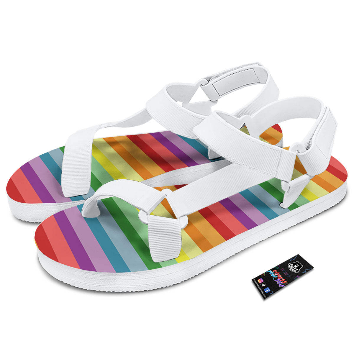 Striped Rainbow Print Pattern White Open Toe Sandals-grizzshop